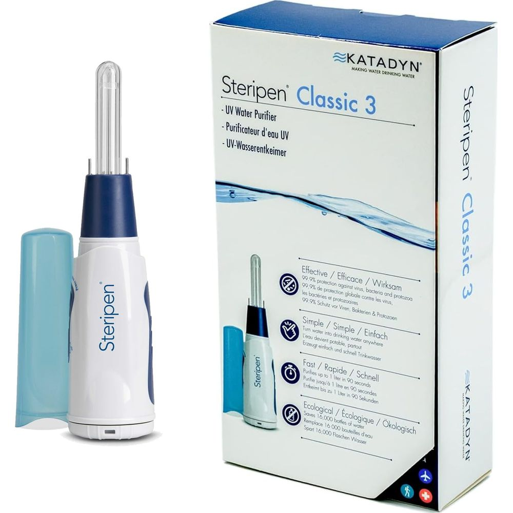 Katadyn SteriPen Classic 3 UV-Wasserentkeimer mit blauem Deckel und Verpackung.