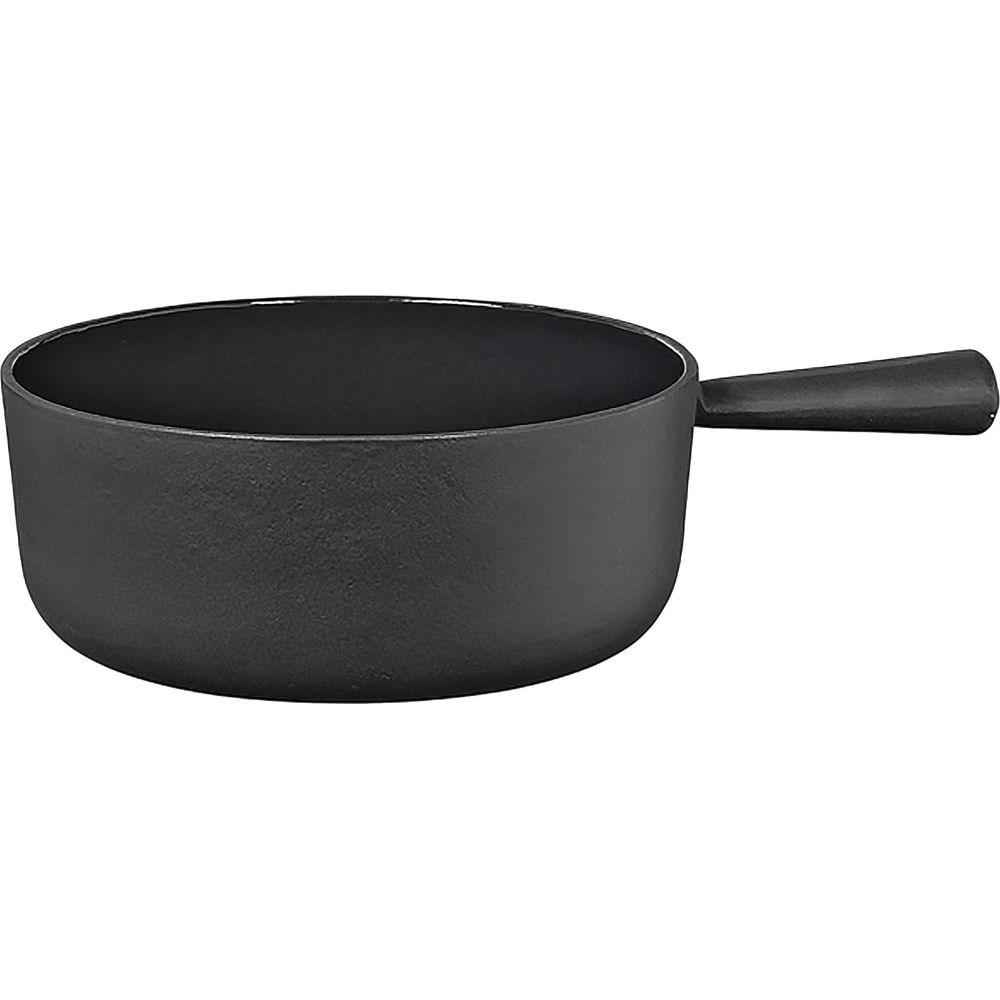 Eine schwarze Gusseisen-Fonduepfanne mit einem Griff.