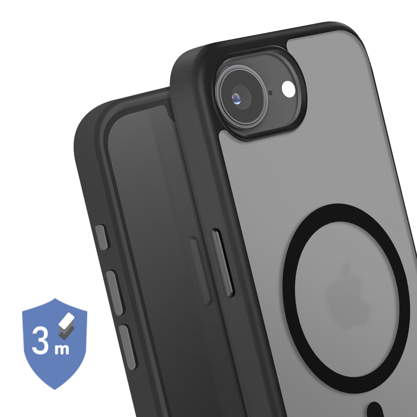 Zwarte telefoonhoes met camera, Apple logo en 3m valbeschermingsicoon.