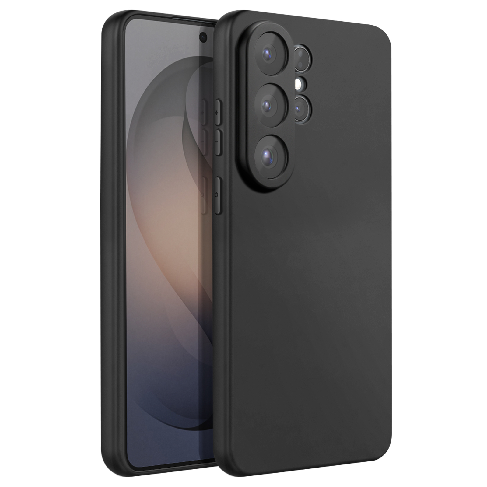Uno smartphone nero con cover posteriore e modulo fotocamera. Lo schermo è visibile.
