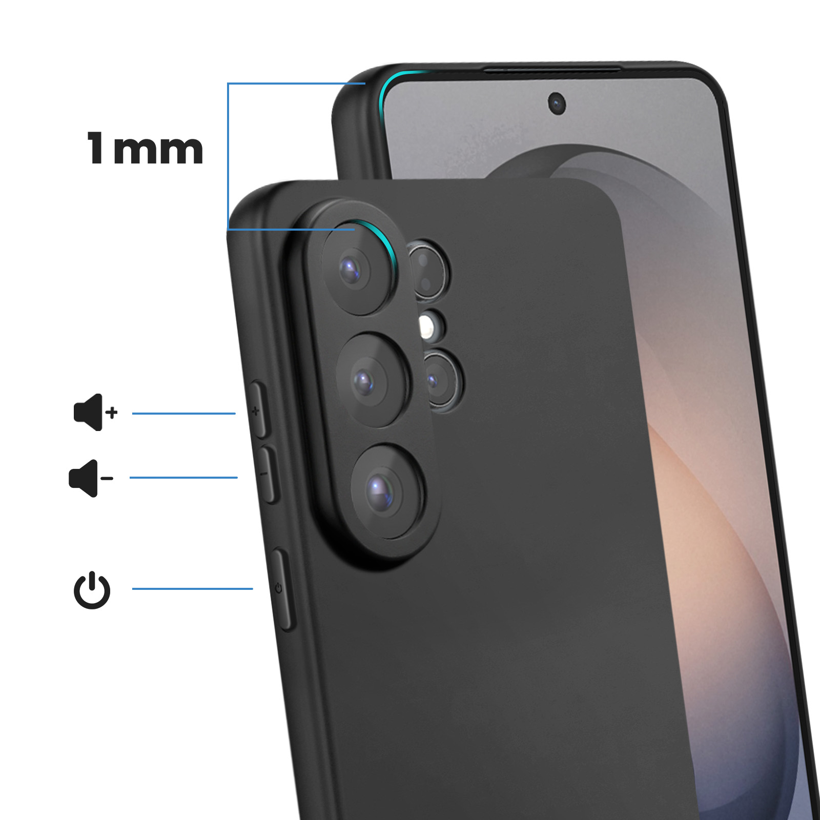 Telefono nero con fotocamere e pulsanti volume. Bordo 1mm.