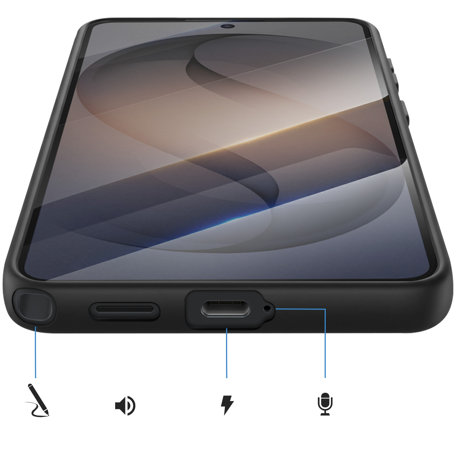 Uno smartphone nero con porta di ricarica, pulsanti volume e stilo.