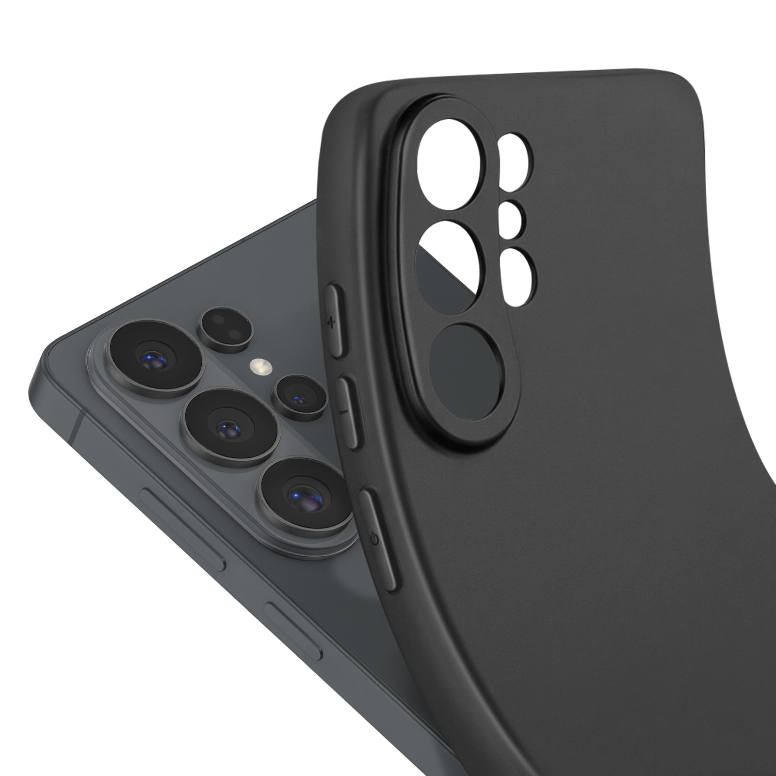 Una custodia nera copre parte di uno smartphone grigio, mostrando le sue lenti.