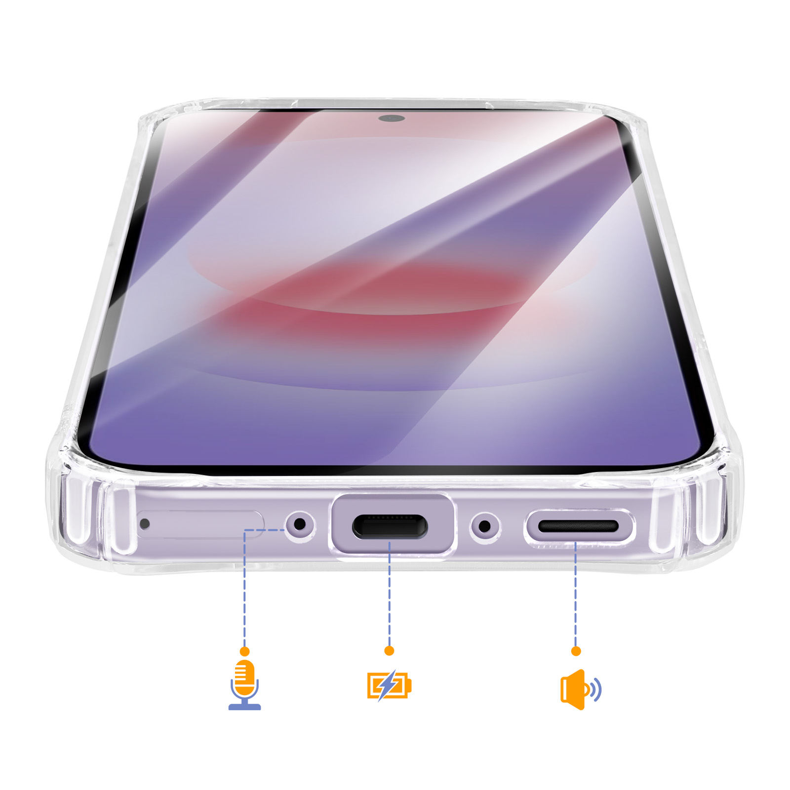 Uno smartphone in custodia trasparente mostra icone per microfono, ricarica e altoparlante.