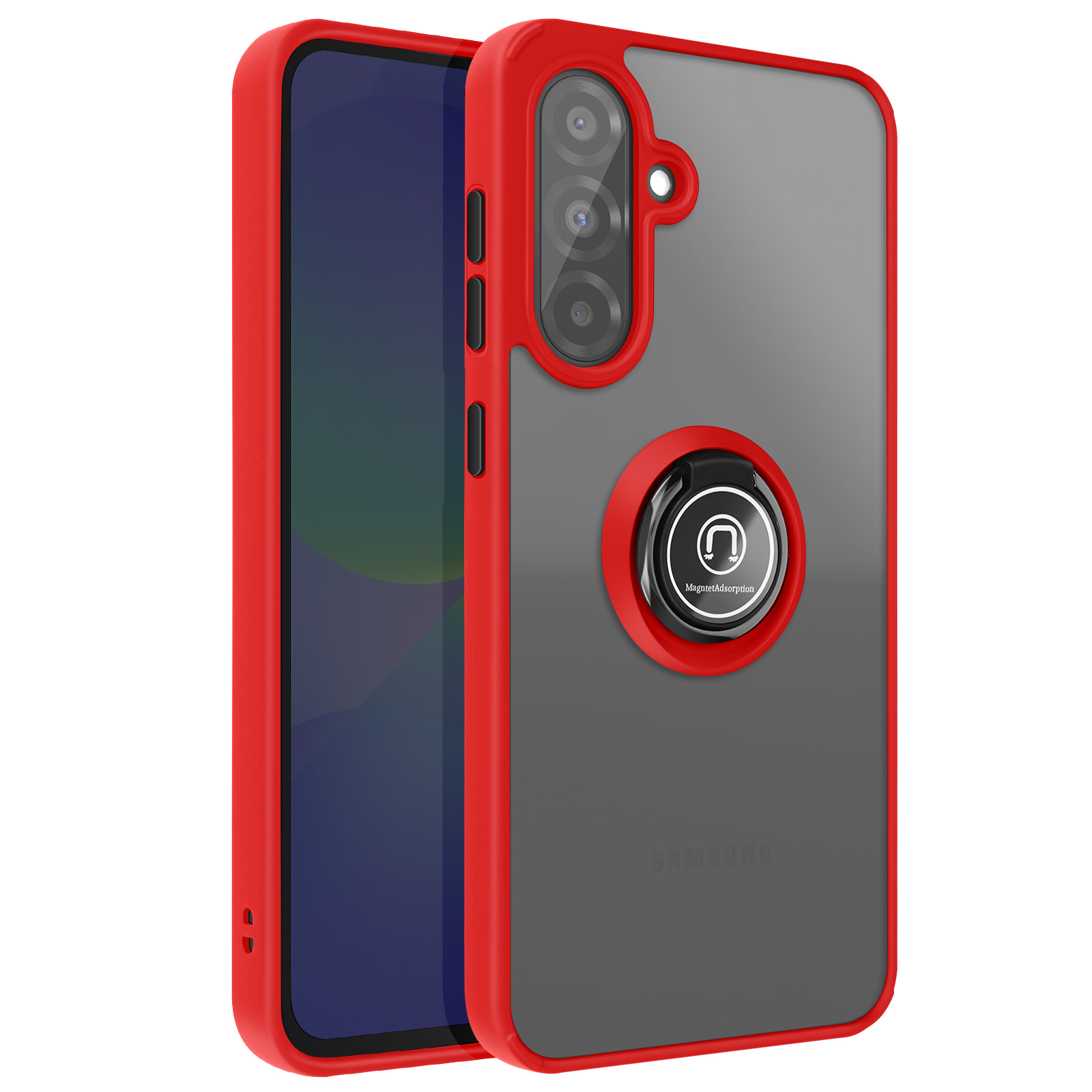 Ein rotes Handyhülle mit transparentem Rücken und einem Ringhalter.
