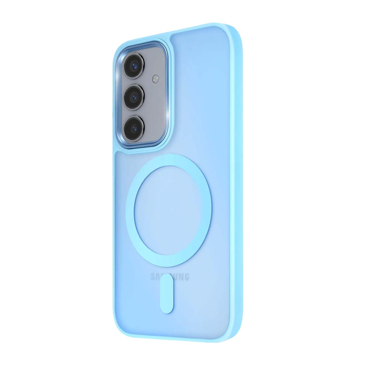 Blaue Handyhülle mit runden Kameraausschnitt und MagSafe-Ring.