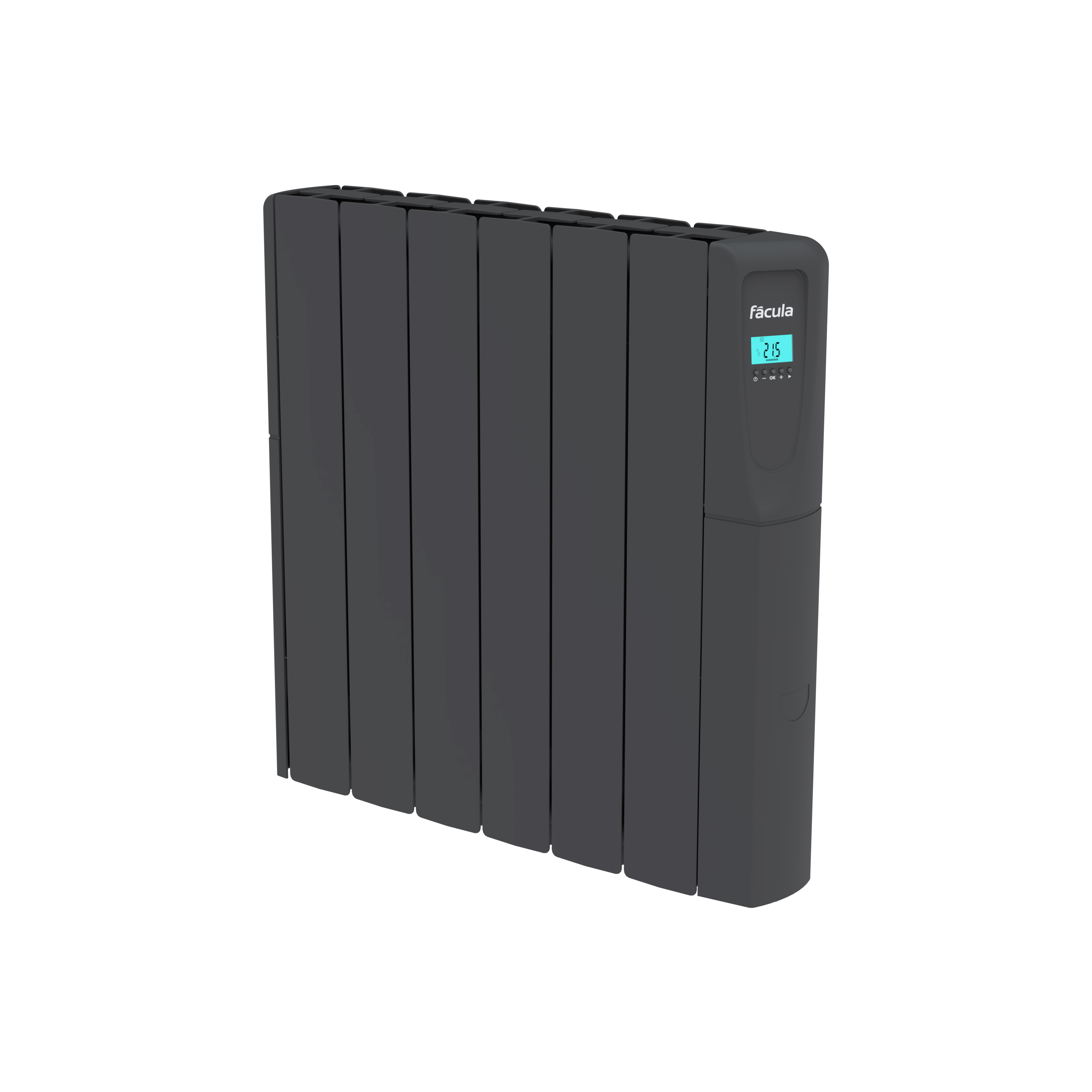 Un radiador vertical oscuro con pantalla digital que muestra 21,5 grados.