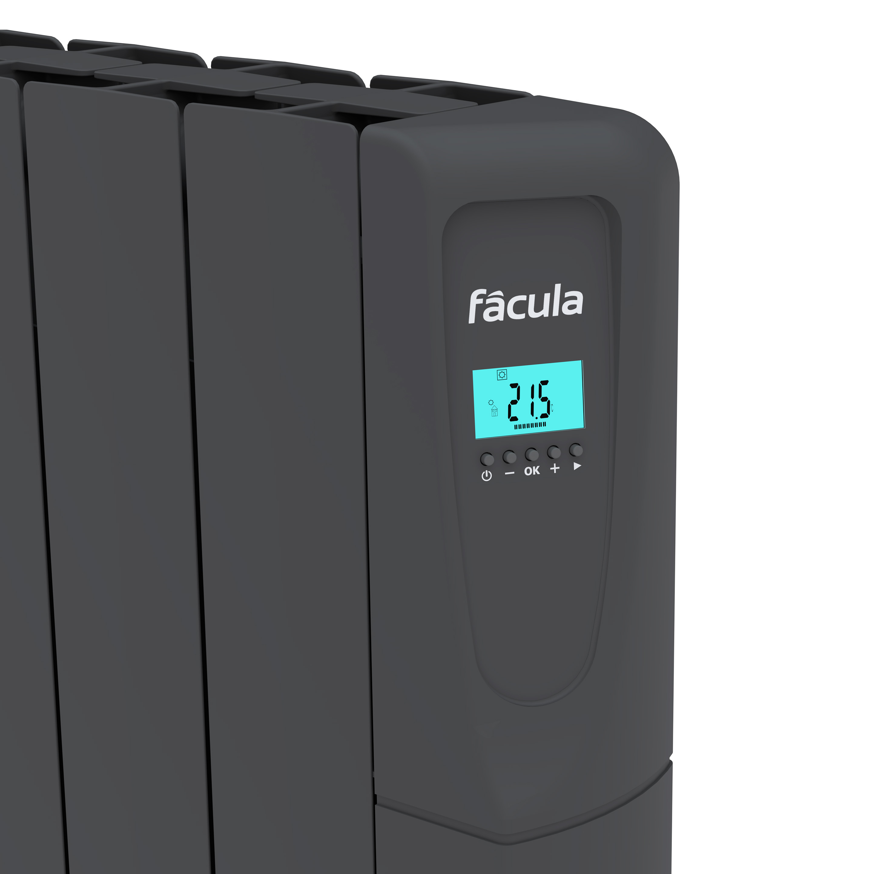 Radiador gris con pantalla digital que muestra 21,5 grados Celsius.