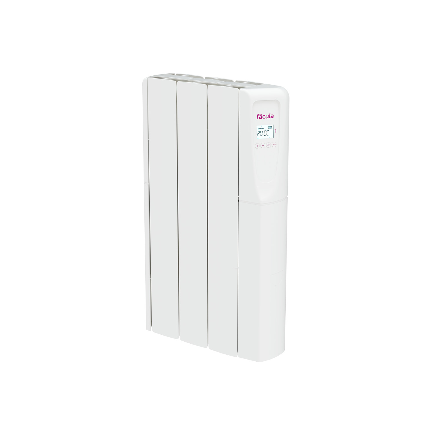 Un radiador eléctrico blanco con pantalla digital que muestra 20,0 °C.