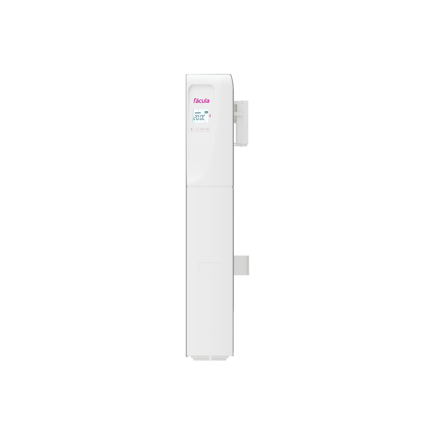 Un dispositivo rectangular blanco con pantalla digital que muestra 20.0C.