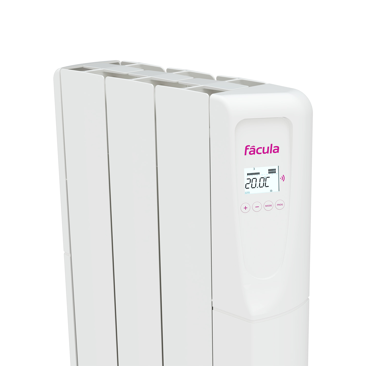 Un radiador blanco con pantalla digital muestra 20 grados Celsius.