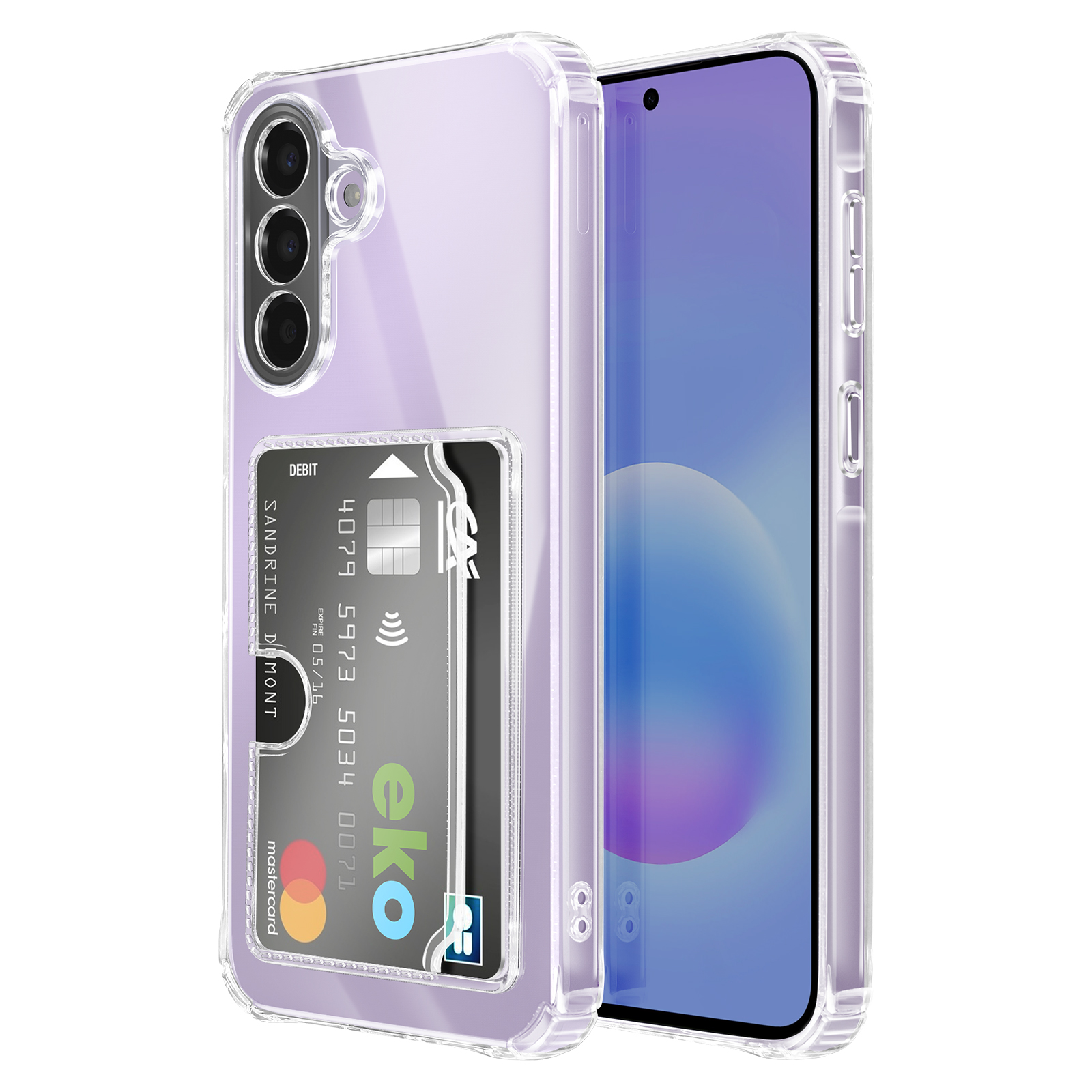 Een doorzichtige paarse telefoonhoes met een creditcard in de sleuf en een telefoon.