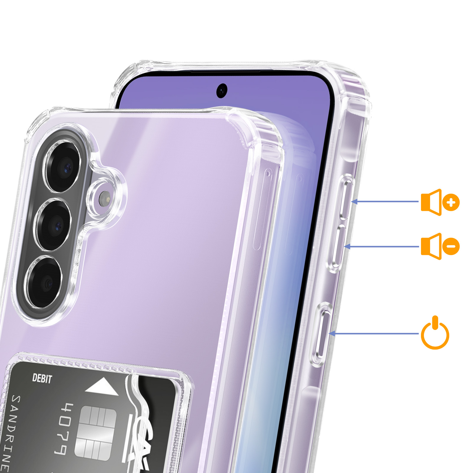 Doorzichtige telefoonhoes met kaarthouder, volume- en aan/uit-knoppen.
