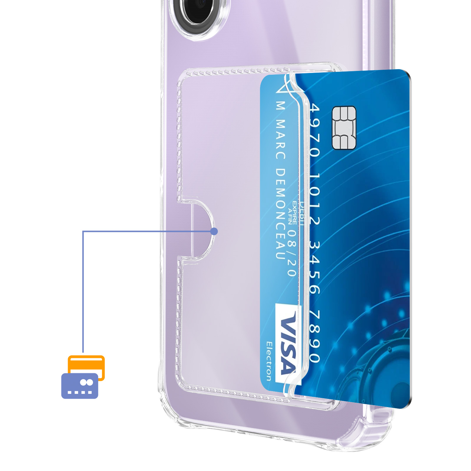 Een doorzichtige telefoonhoes met een blauwe Visa-kaart.