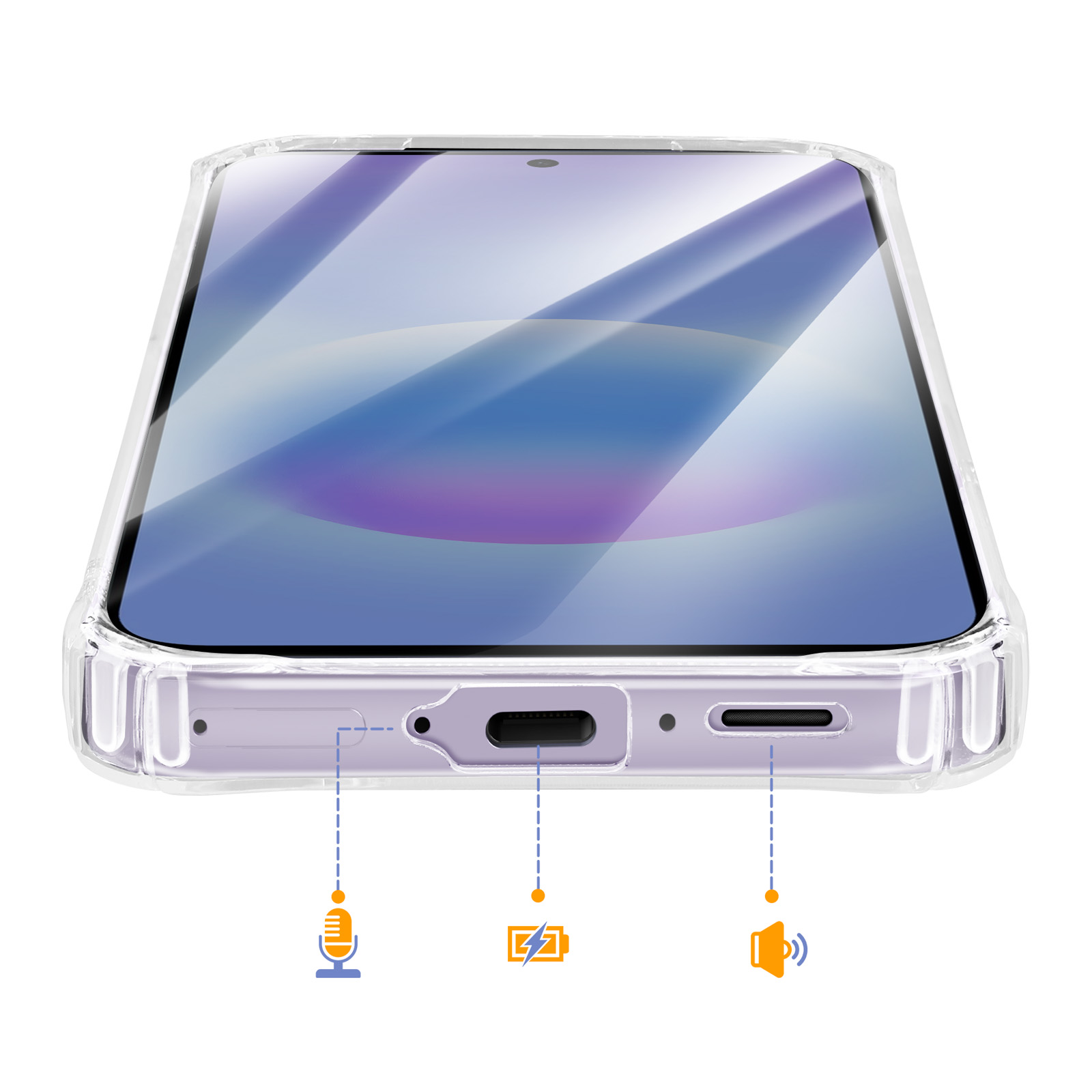 Doorzichtige telefoonhoes met microfoon, USB-C-poort en luidsprekergril.
