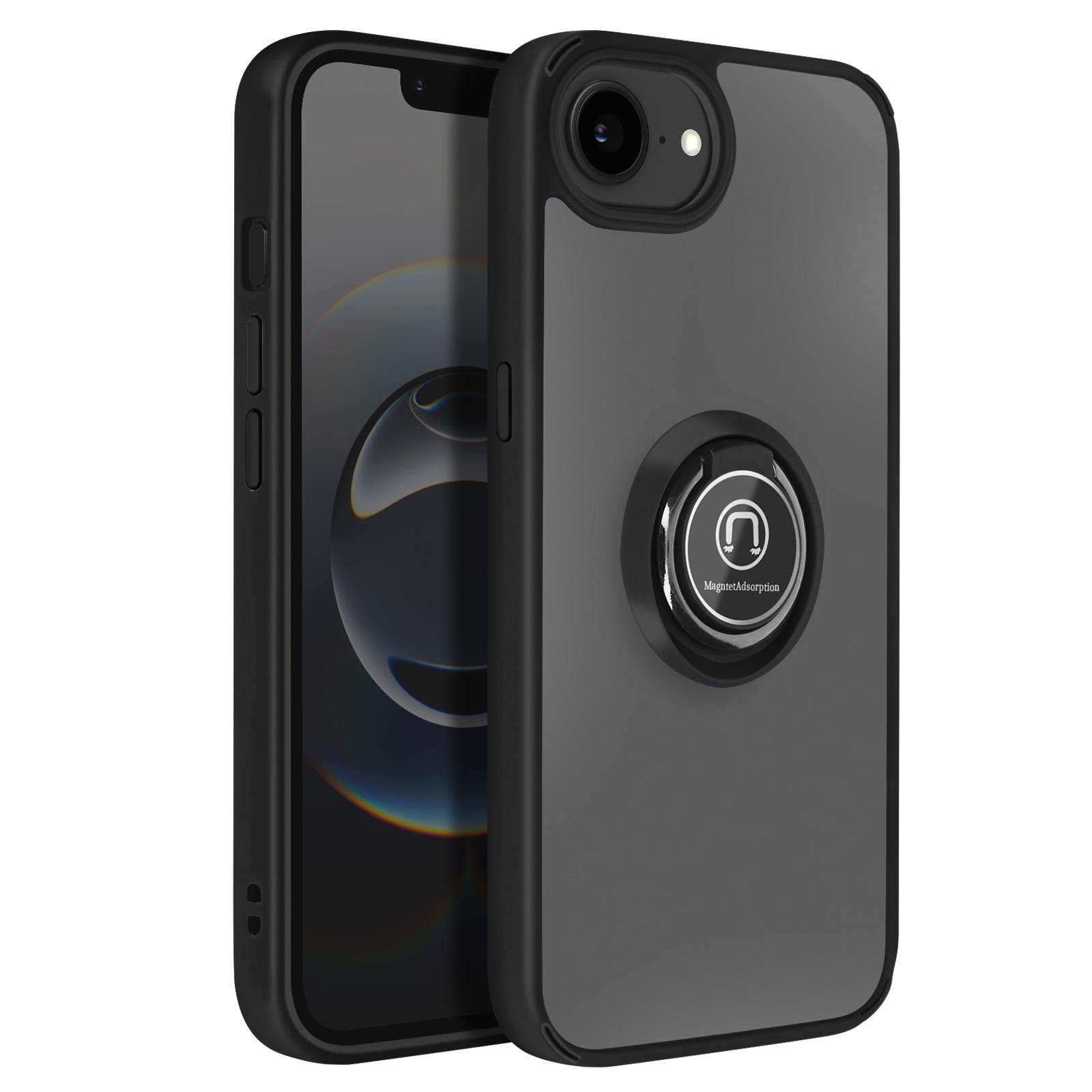 Een zwarte iPhone in een doorzichtige hoes met ringhouder.