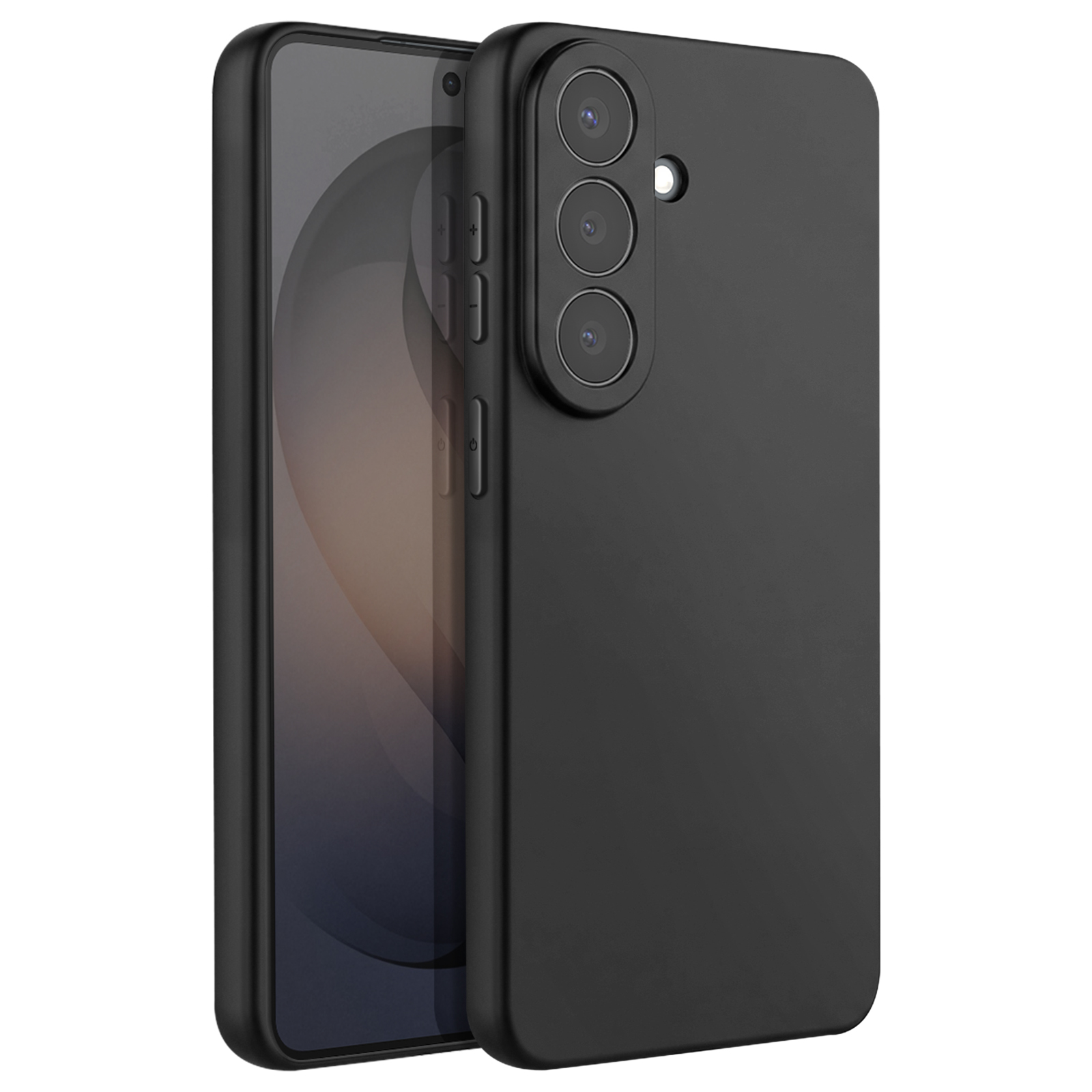 Schwarzes Handy mit dreifacher Kamera und schwarzer Hülle, auf weißem Hintergrund.