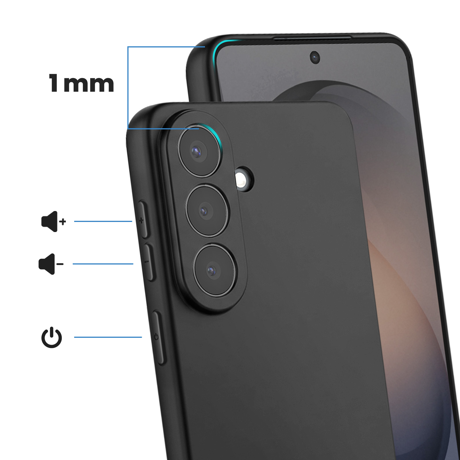 Schwarzes Smartphone mit drei Kameras. 1 mm Erhöhung am Rand. Lautstärke- und Ein-/Aus-Tasten.