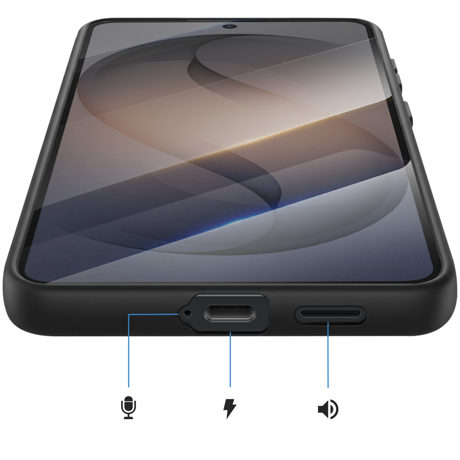 Ein schwarzes Smartphone mit Anschluss für Mikrofon, Ladebuchse und Lautsprecher.