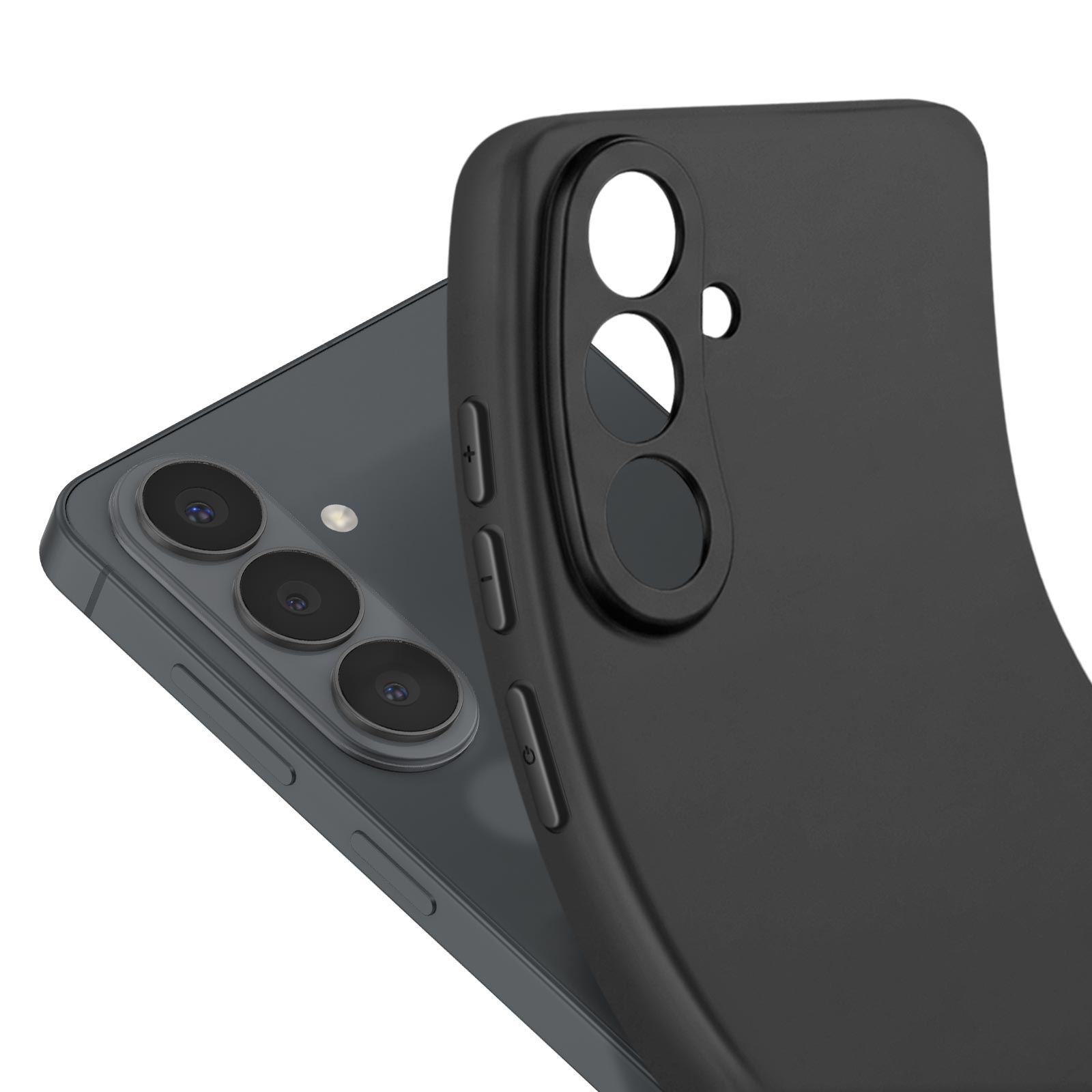 Eine schwarze Handyhülle bedeckt teilweise ein Smartphone mit drei Kameras.