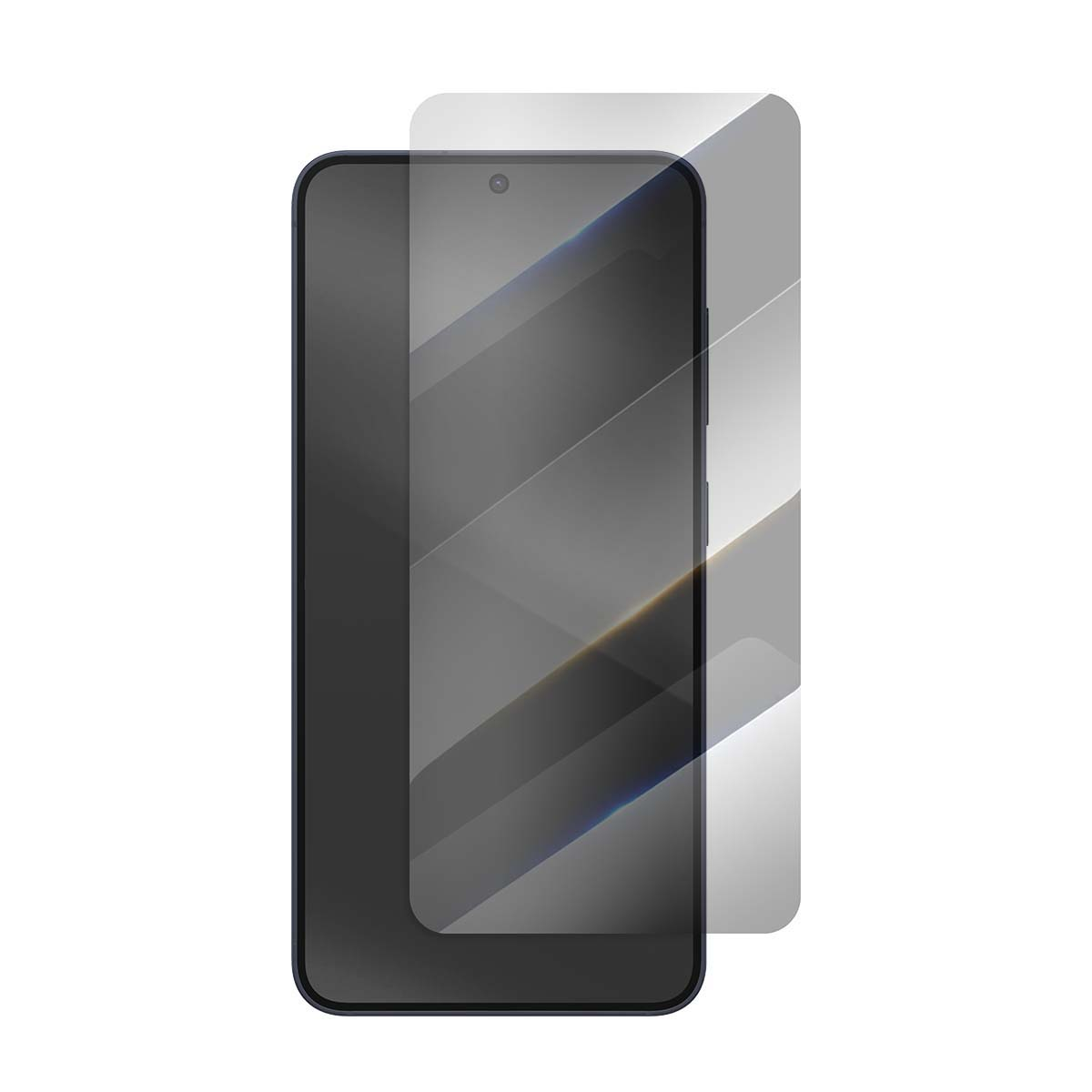 Ein dunkles Smartphone mit einem Displayschutz aus Glas, der halb aufgeklebt ist.