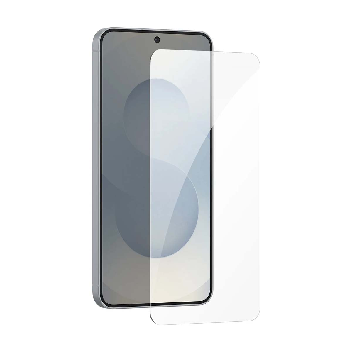 Un protector de pantalla yace sobre un smartphone, mostrado sobre fondo blanco.