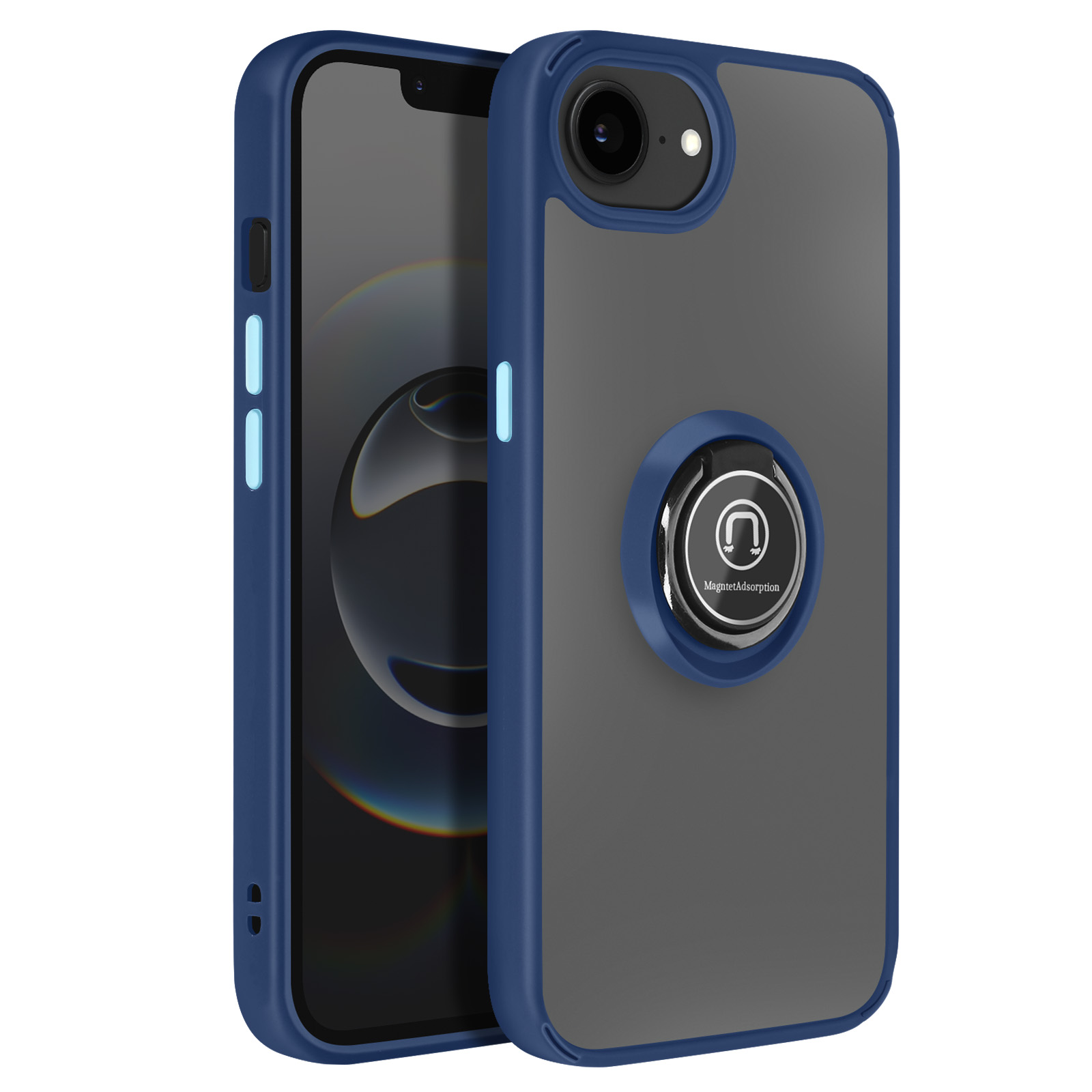 Een blauwe telefoonhoes met ringhouder op een grijze achtergrond.