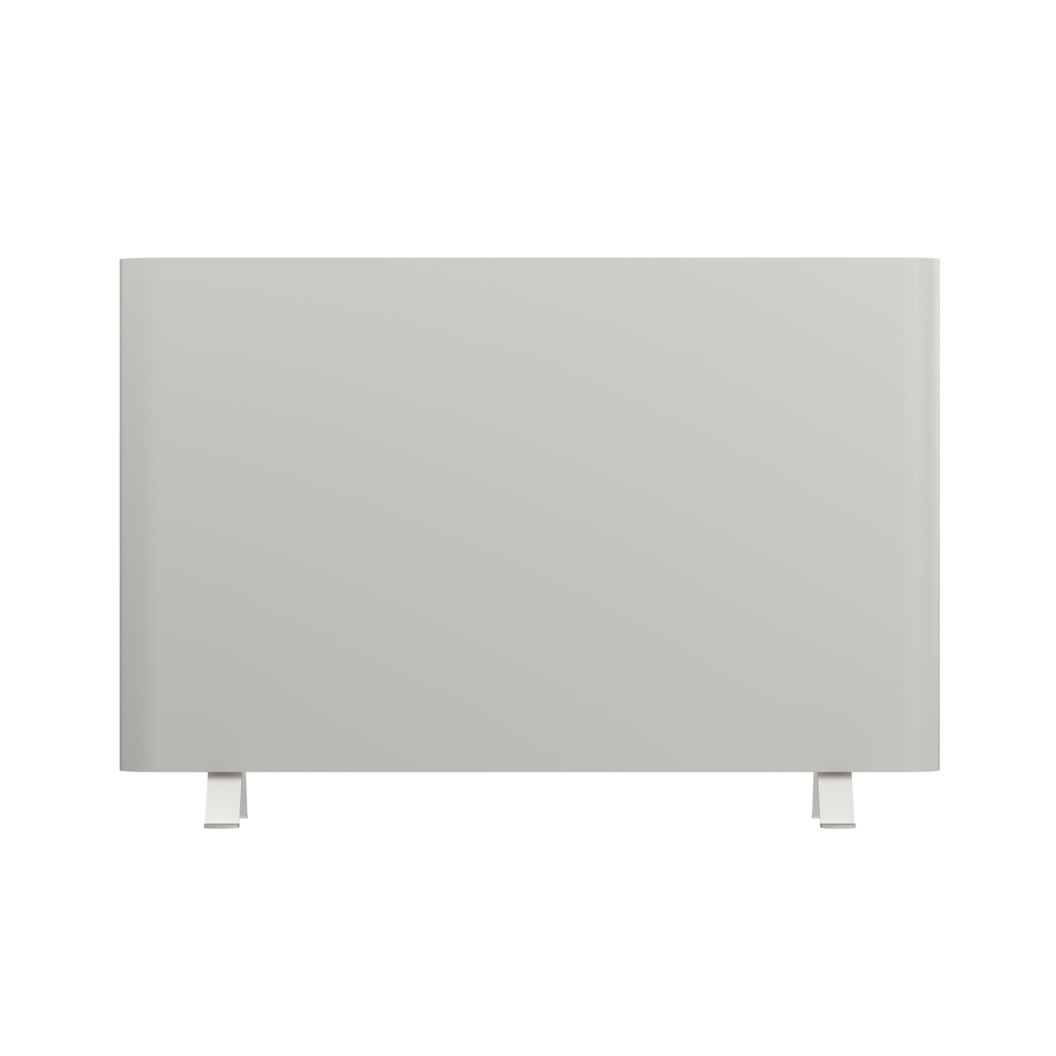 Un radiador gris claro con dos pies blancos sobre fondo blanco.