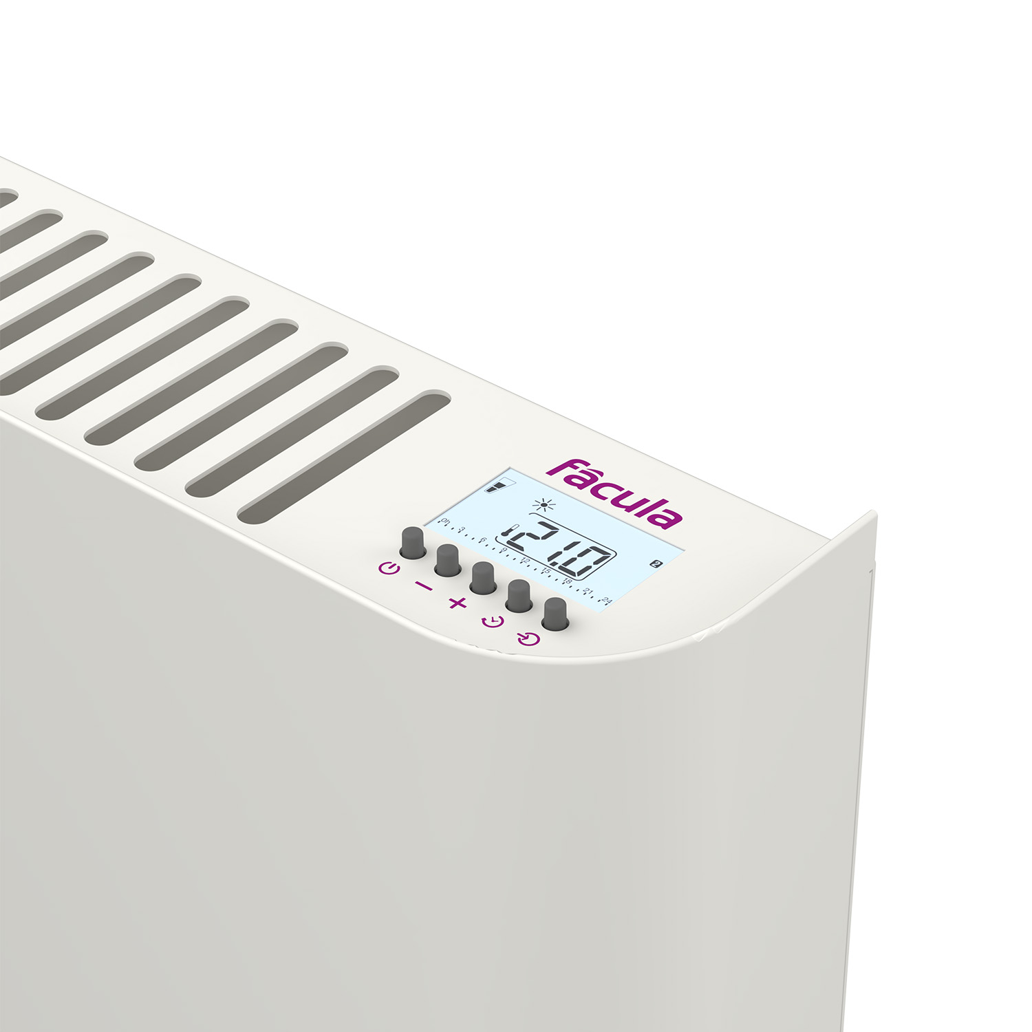 Un radiador blanco con pantalla digital que muestra 21,0 grados.
