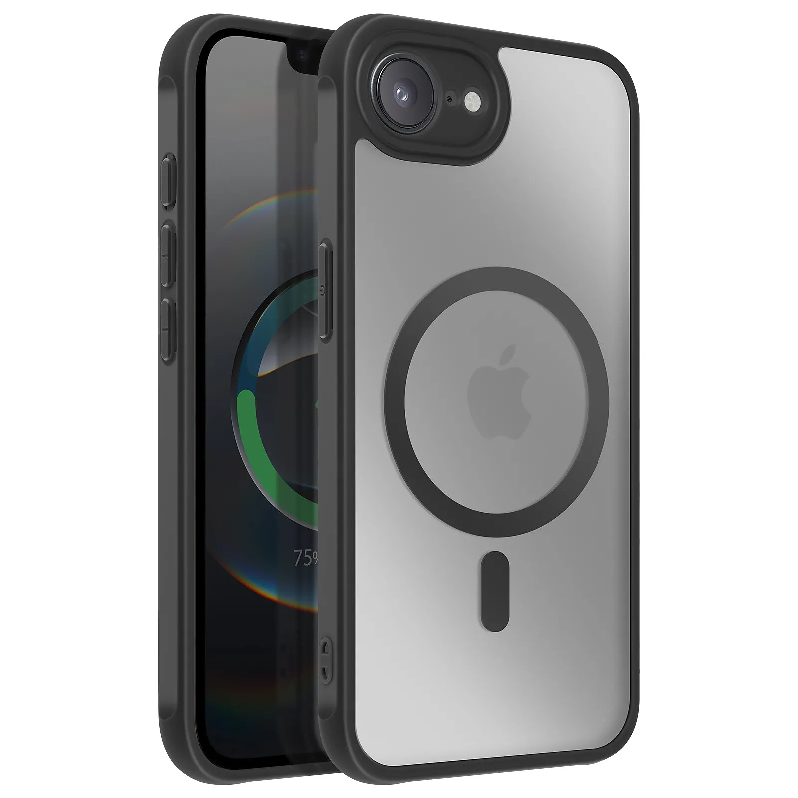 Une coque de téléphone transparente avec bordure noire sur un iPhone.