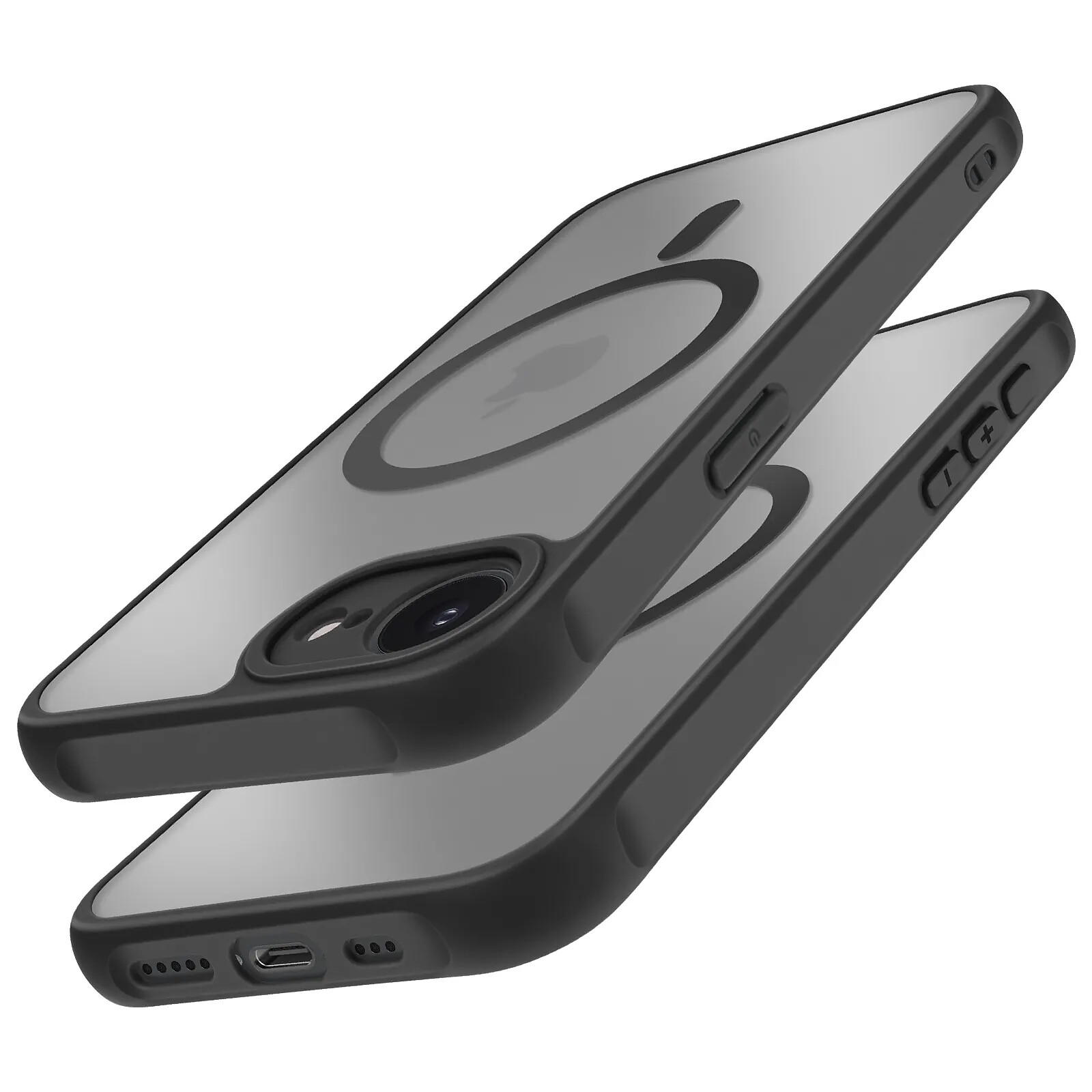 Deux coques de téléphone gris fumé à bords noirs, empilées.