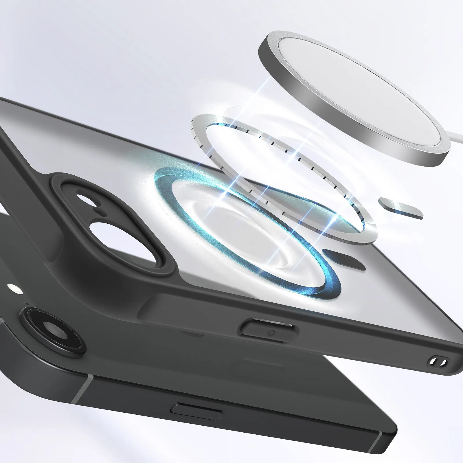 Vue éclatée d'un étui de téléphone et d'un chargeur magnétique.