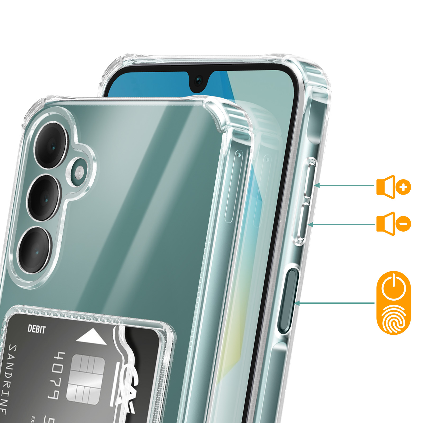 Custodia trasparente per telefono con porta carte, tasti volume e accensione.