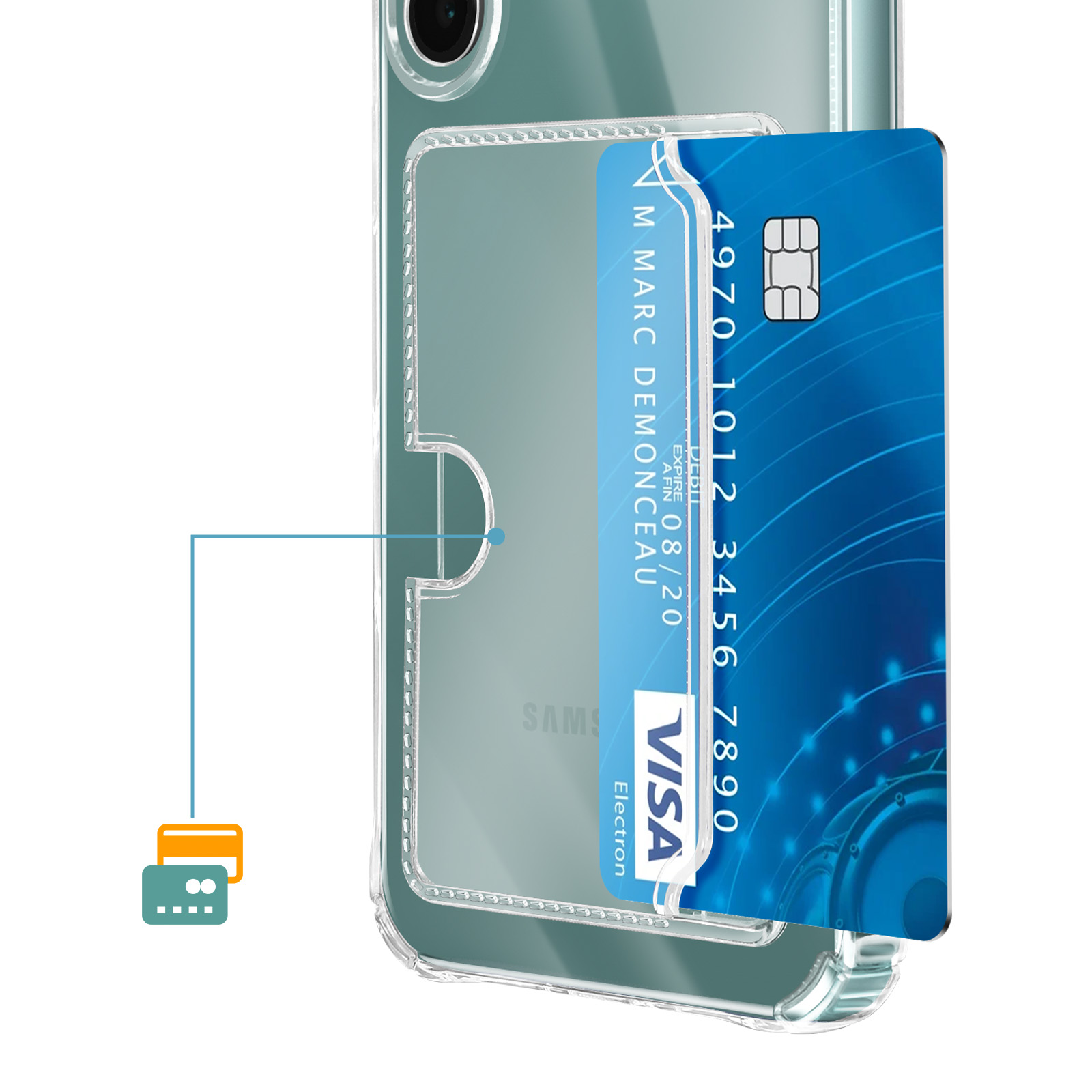 Una custodia trasparente per telefono con una carta Visa blu in tasca.