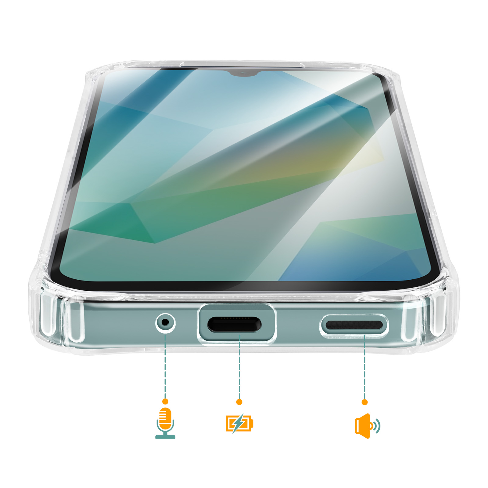 Custodia trasparente per telefono mostra le porte inferiori: jack cuffie, USB-C, altoparlante.