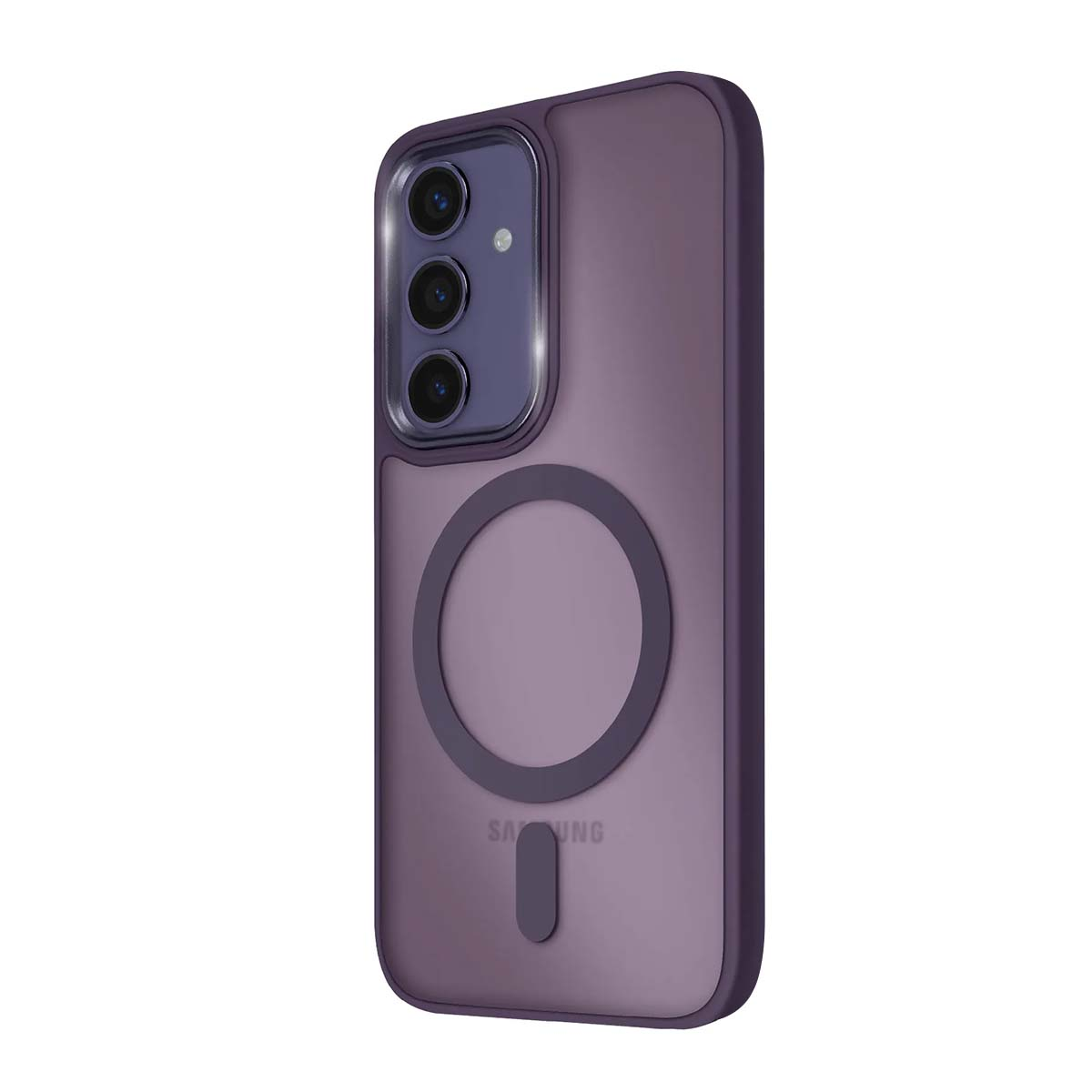 Funda morada para teléfono con módulo de cámara y anillo magnético.