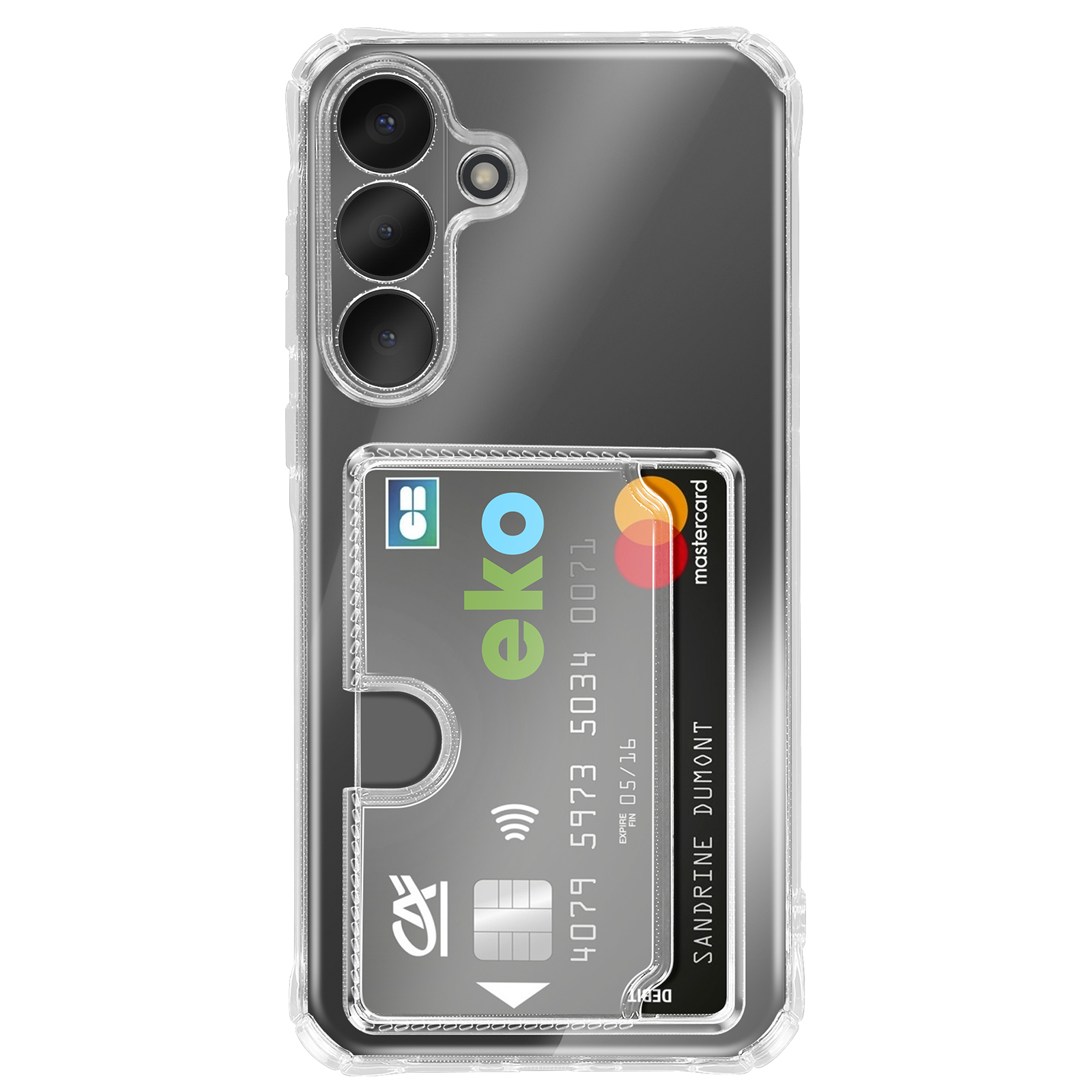 Une coque de téléphone transparente avec porte-cartes, affichant une carte de débit logo Mastercard.