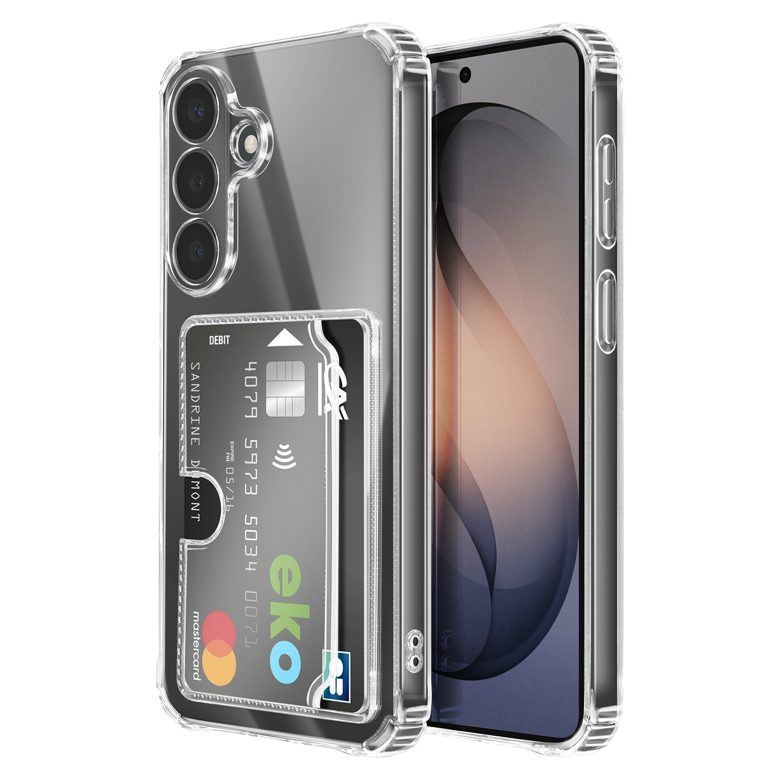 Une coque de téléphone transparente avec un porte-cartes montre une carte de débit à côté d'un smartphone.