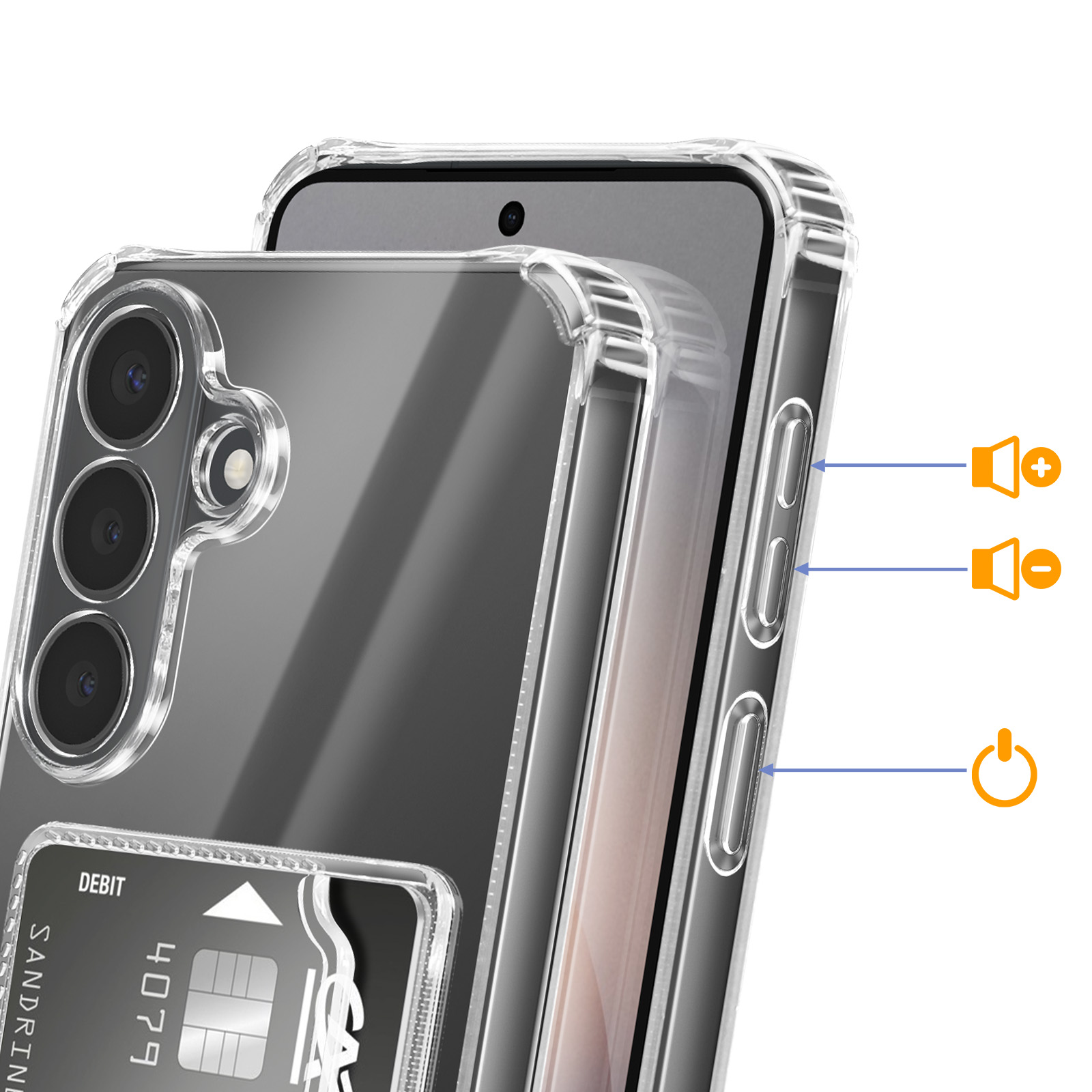 Coque transparente avec fente pour carte et triple appareil photo.