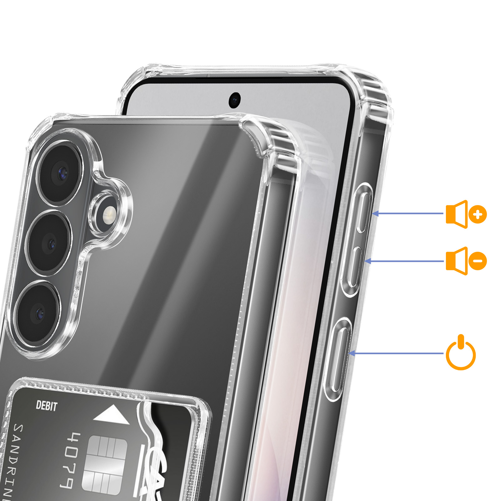 Transparente Handyhülle mit Kreditkartenfach und Symbolen für Lautstärke und Strom.