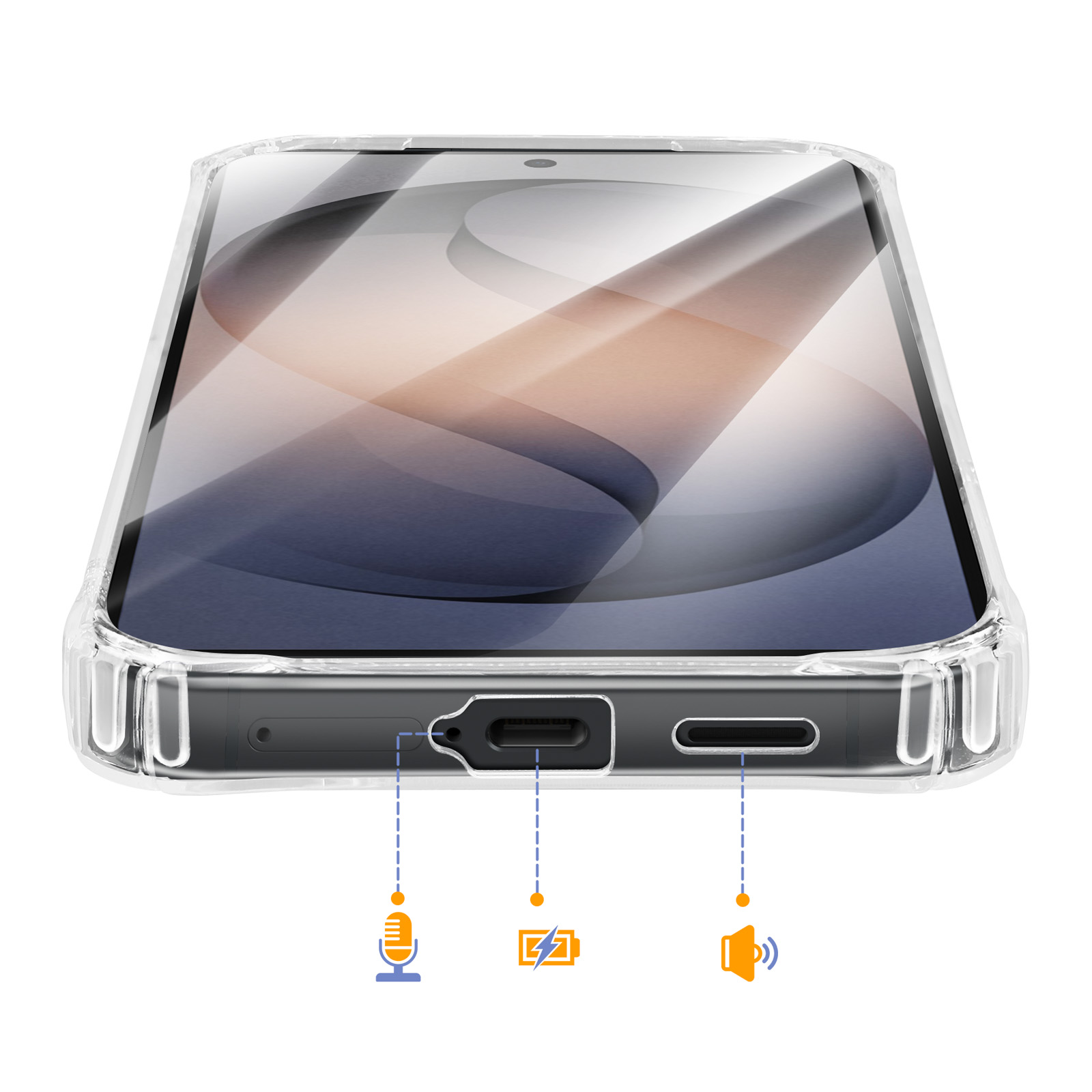 Une coque de téléphone transparente mettant en valeur les ports et icônes micro, batterie et haut-parleur.