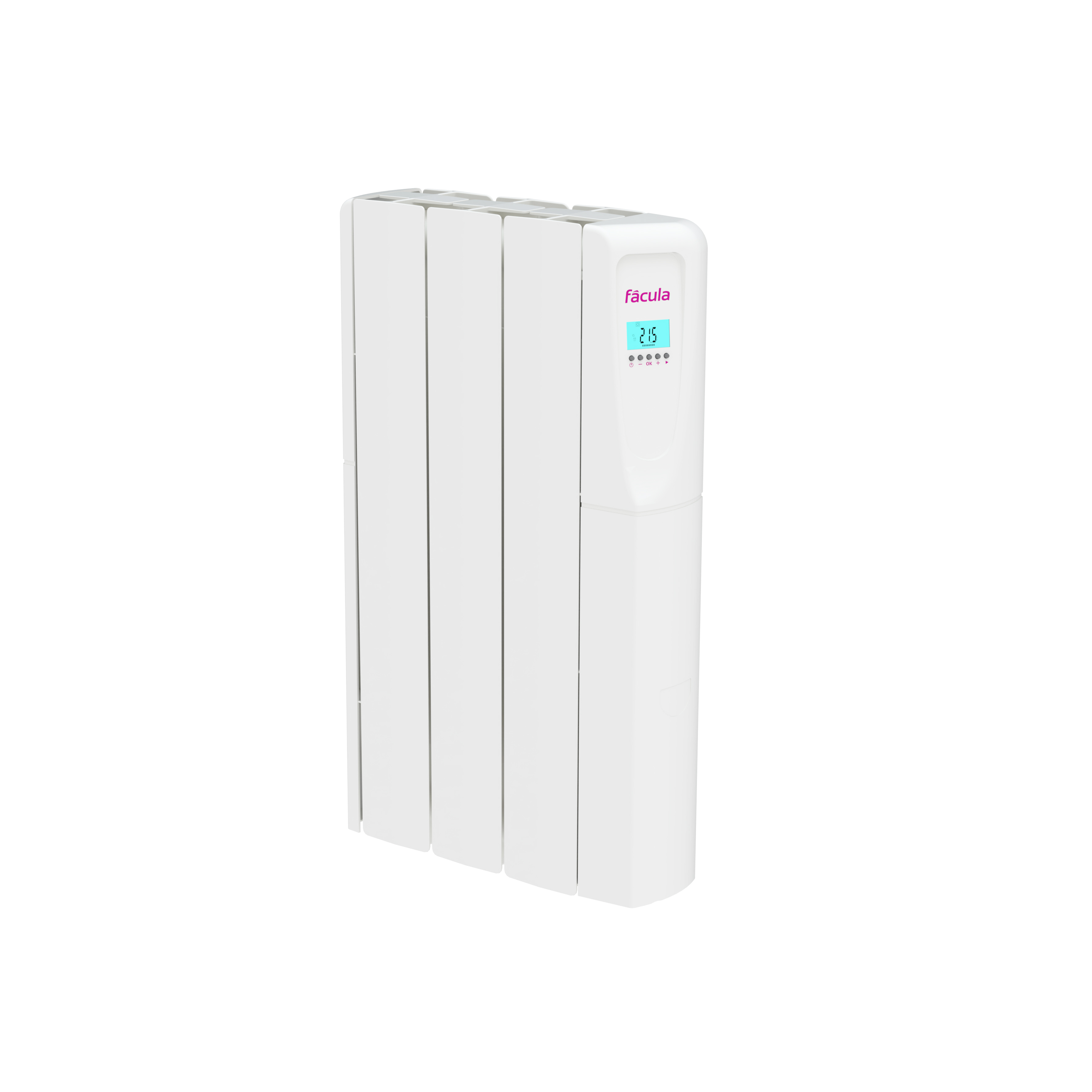 Un radiador blanco con pantalla digital que muestra 21,5°C.