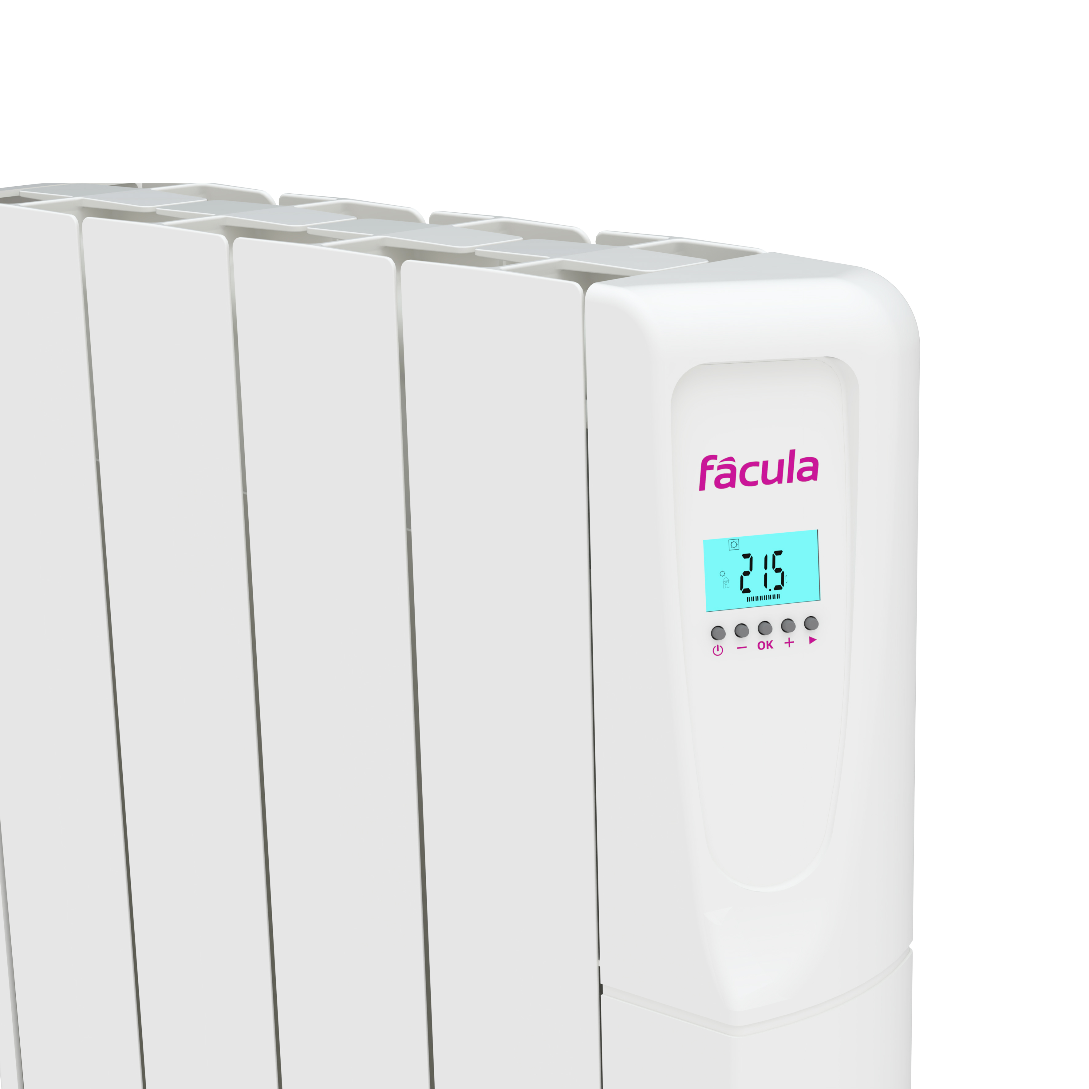 Un radiador blanco con pantalla digital de 21,5 grados y nombre de marca.