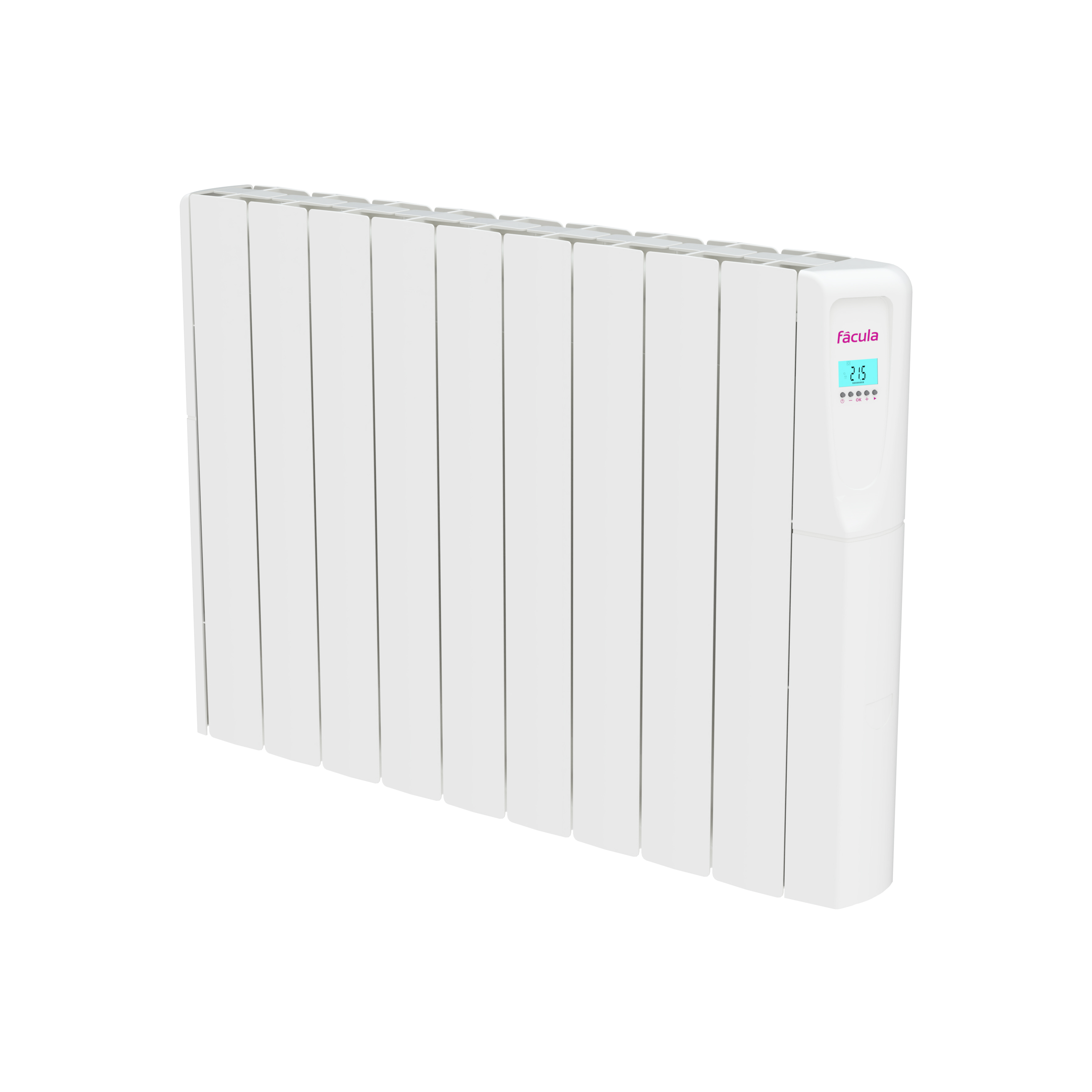 Un radiador eléctrico blanco con aletas y pantalla digital azul.