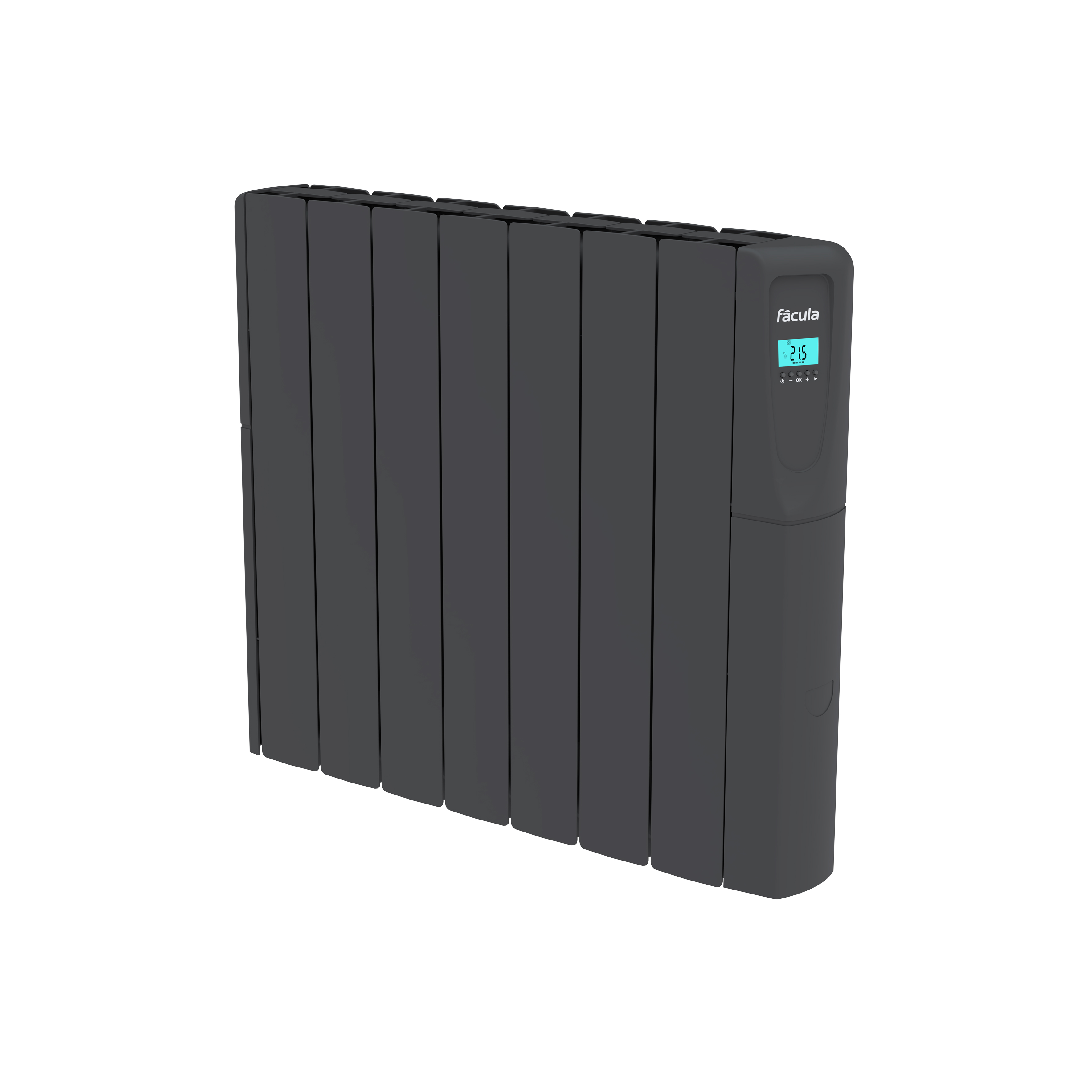 Radiador gris oscuro con pantalla digital que muestra 21,5 grados.