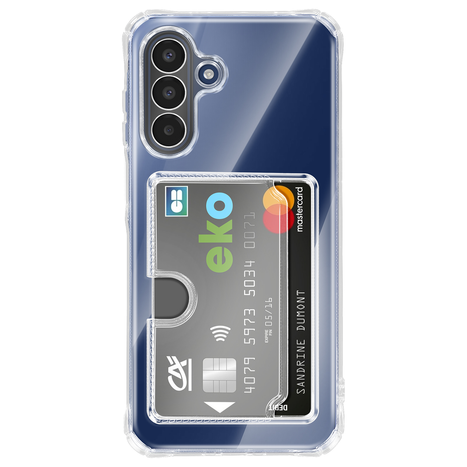 Smartphone met doorzichtige hoes, kaarthouder met creditcards.