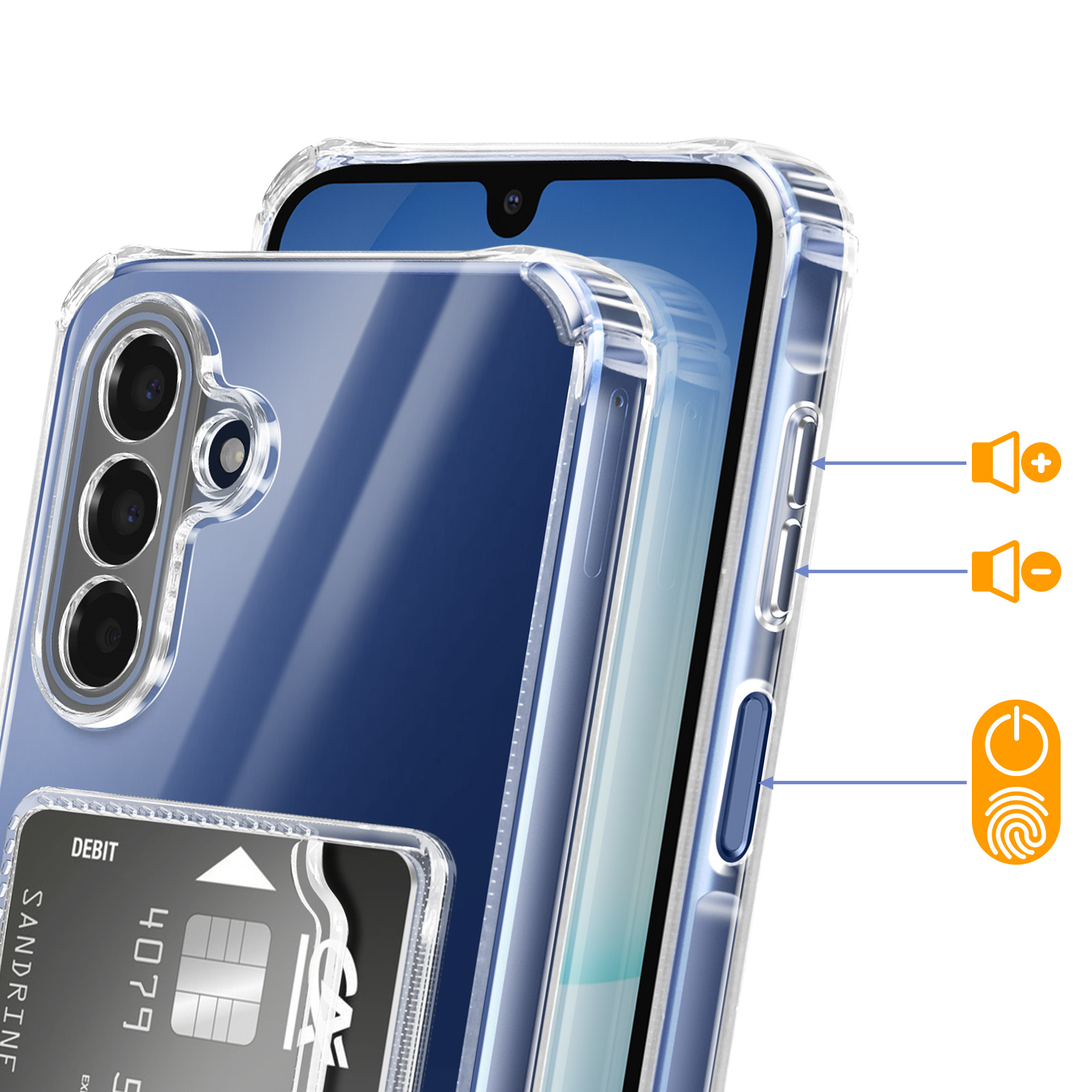 Een doorzichtige telefoonhoes met kaarthouder, camera's en knoppen.