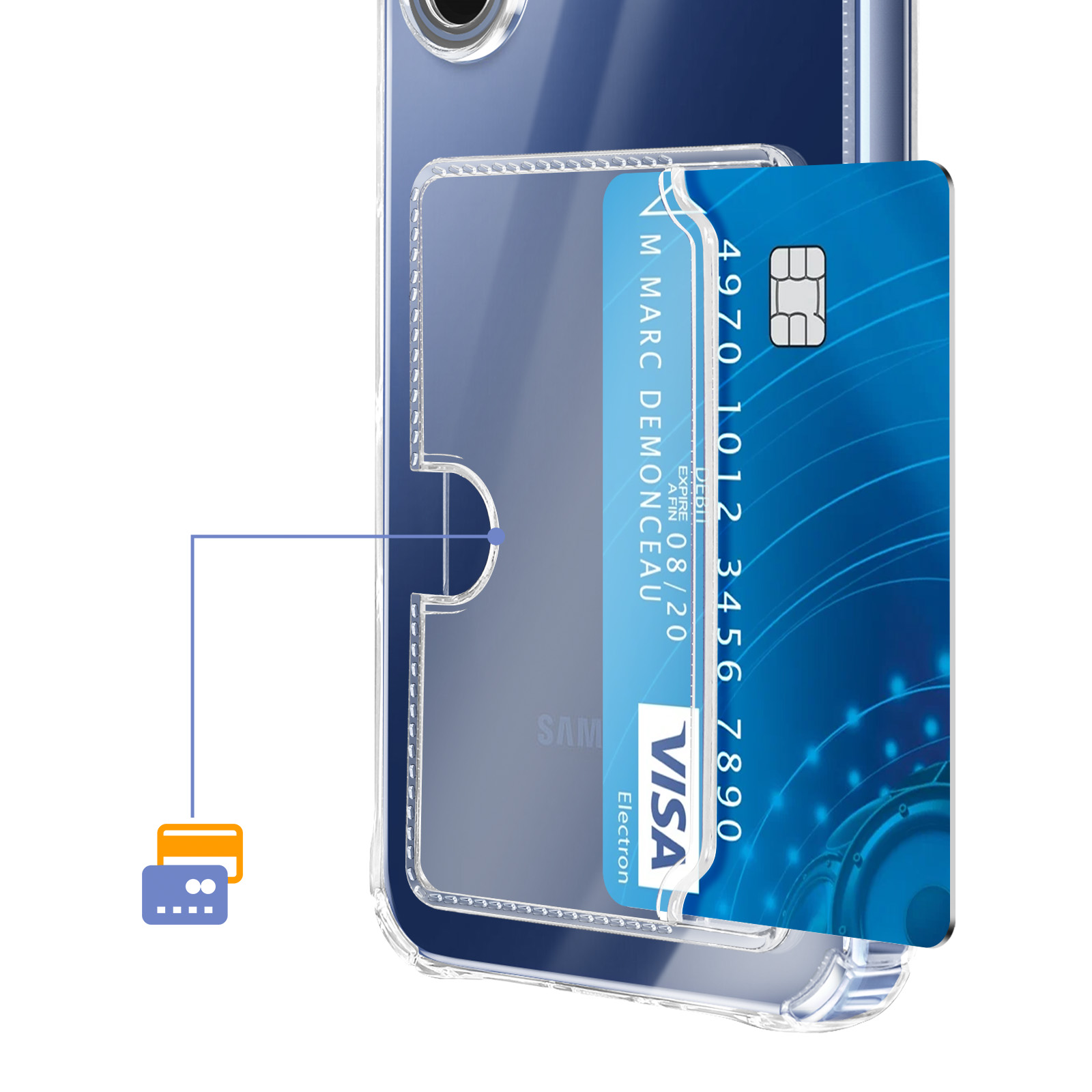 Een doorzichtige telefoonhoes met een blauwe Visa-kaart erop.