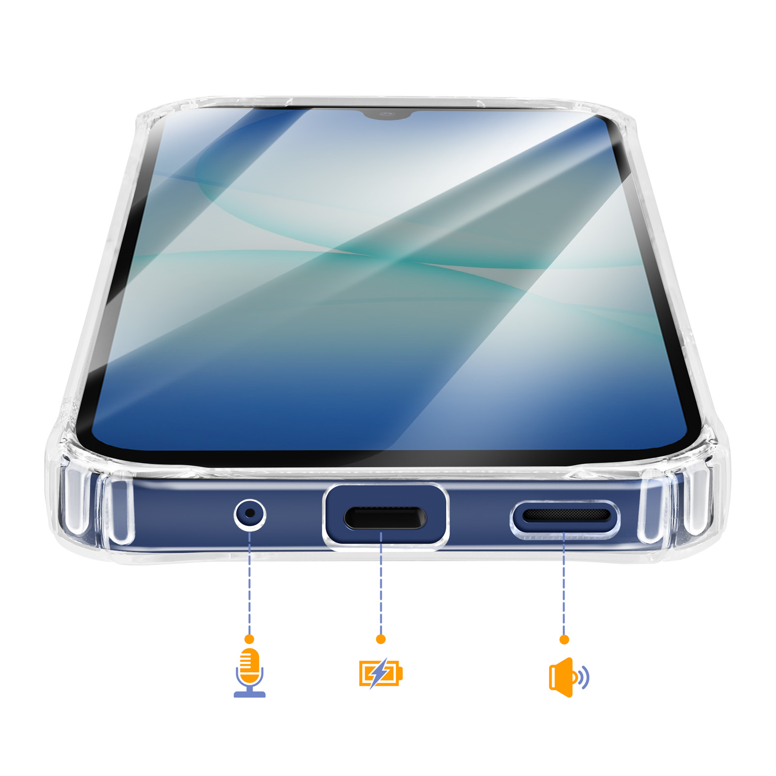Onderkant telefoon met poorten: koptelefoon, USB-C, luidspreker. Iconen mic, opladen, volume.