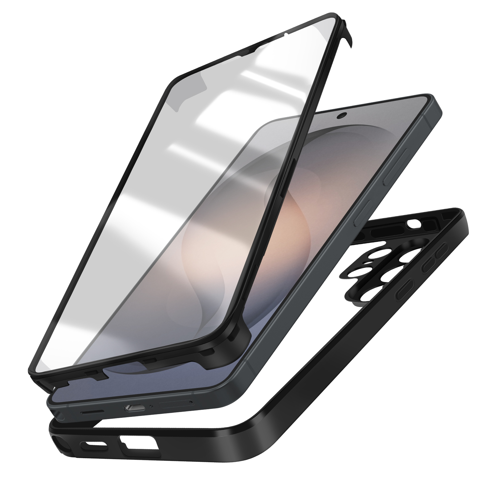 Una custodia nera per telefono con protezione schermo e cover posteriore.
